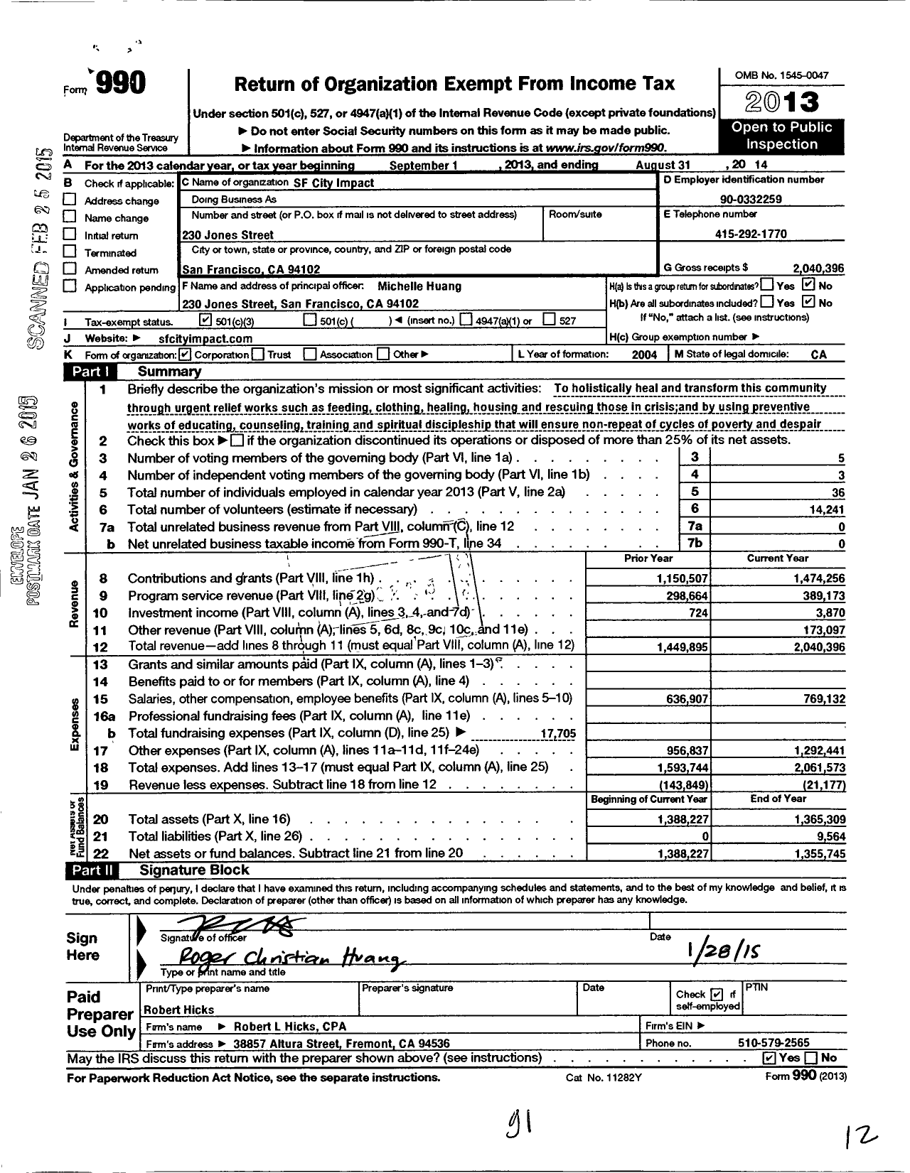 Image of first page of 2013 Form 990 for San Francisco City Impact