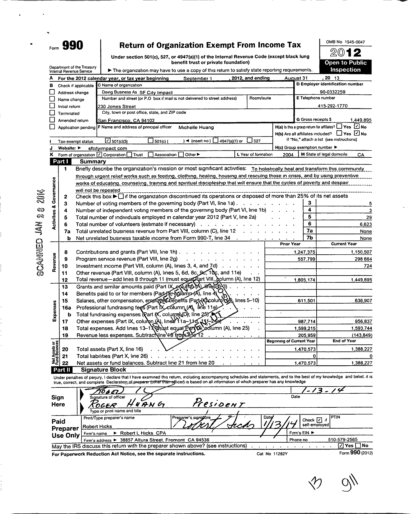 Image of first page of 2012 Form 990 for San Francisco City Impact