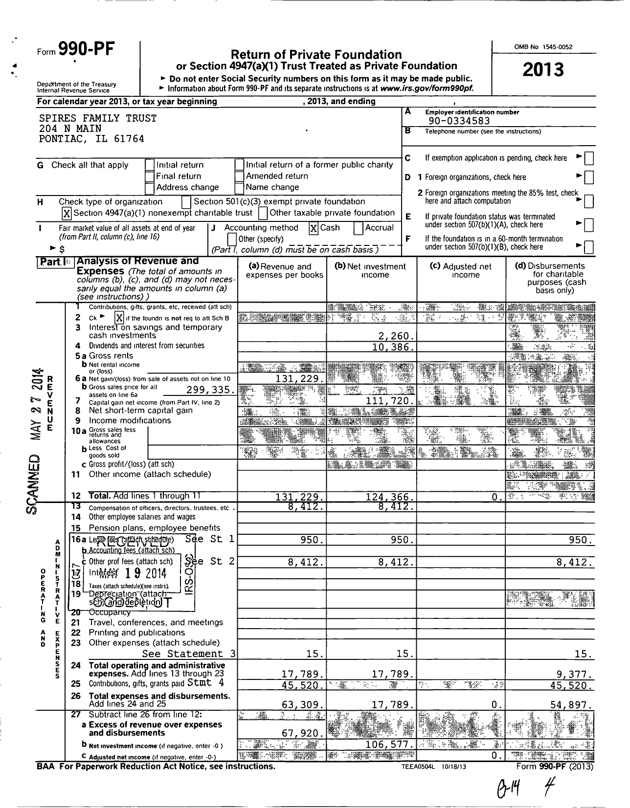 Image of first page of 2013 Form 990PF for Spires Family Foundation