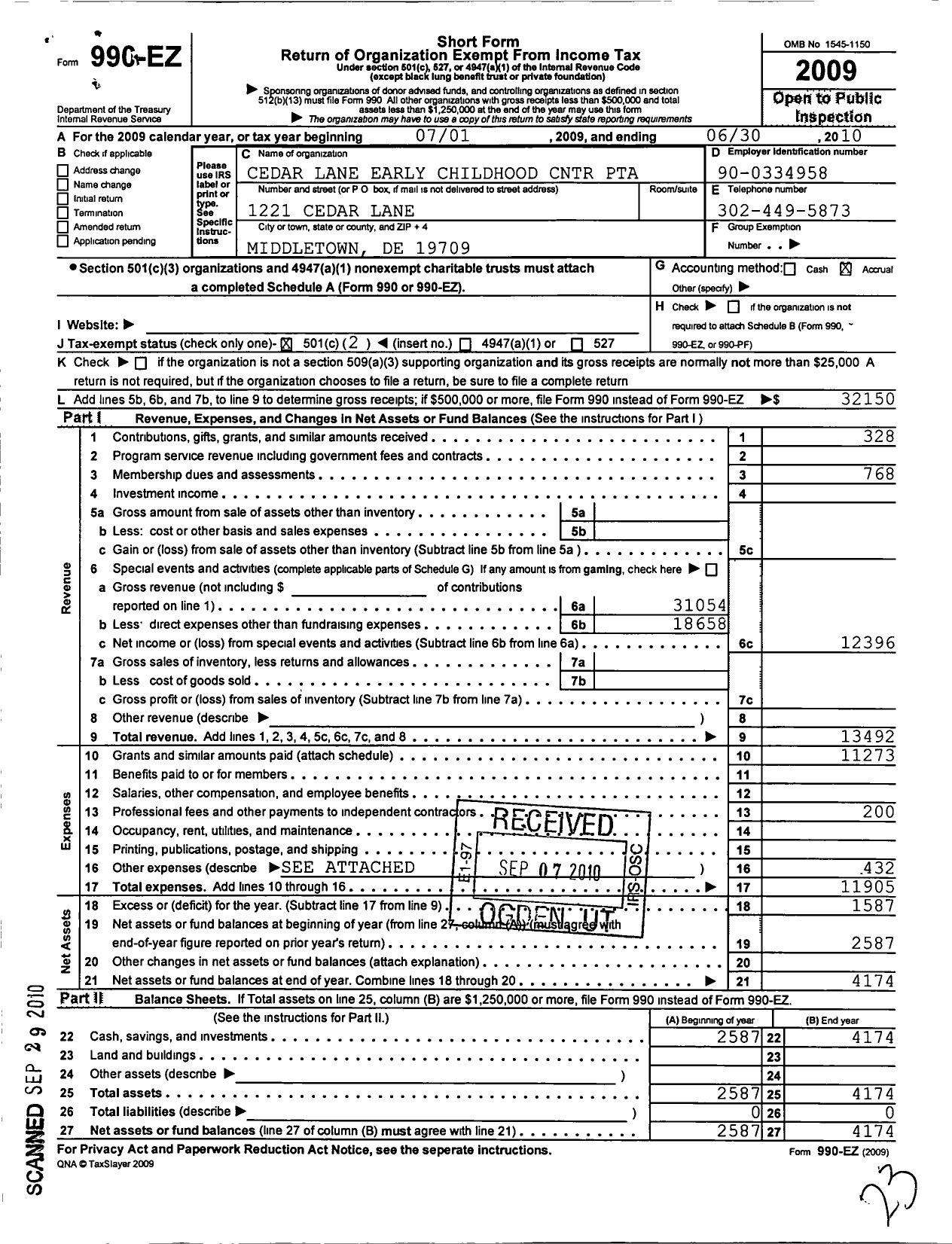 Image of first page of 2009 Form 990EO for PTA Delaware Congress / Cedar Lane Early Childhood Center