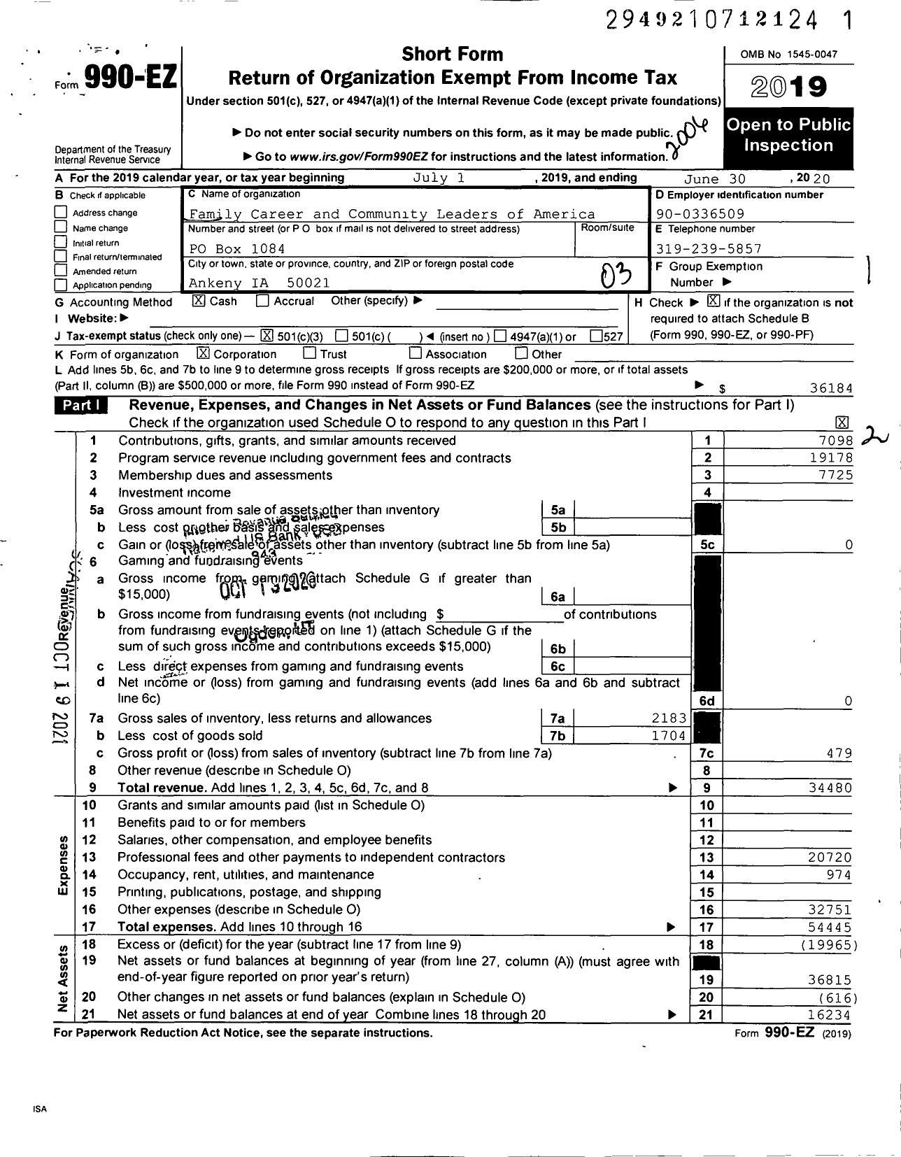 Image of first page of 2019 Form 990EZ for Family Career and Community Leaders of America / Iowa Association