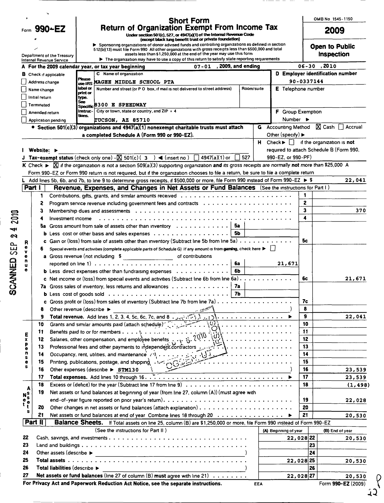 Image of first page of 2009 Form 990EZ for PTA Arizona Congres of Parents and Teachers / Magee Middle School PTA