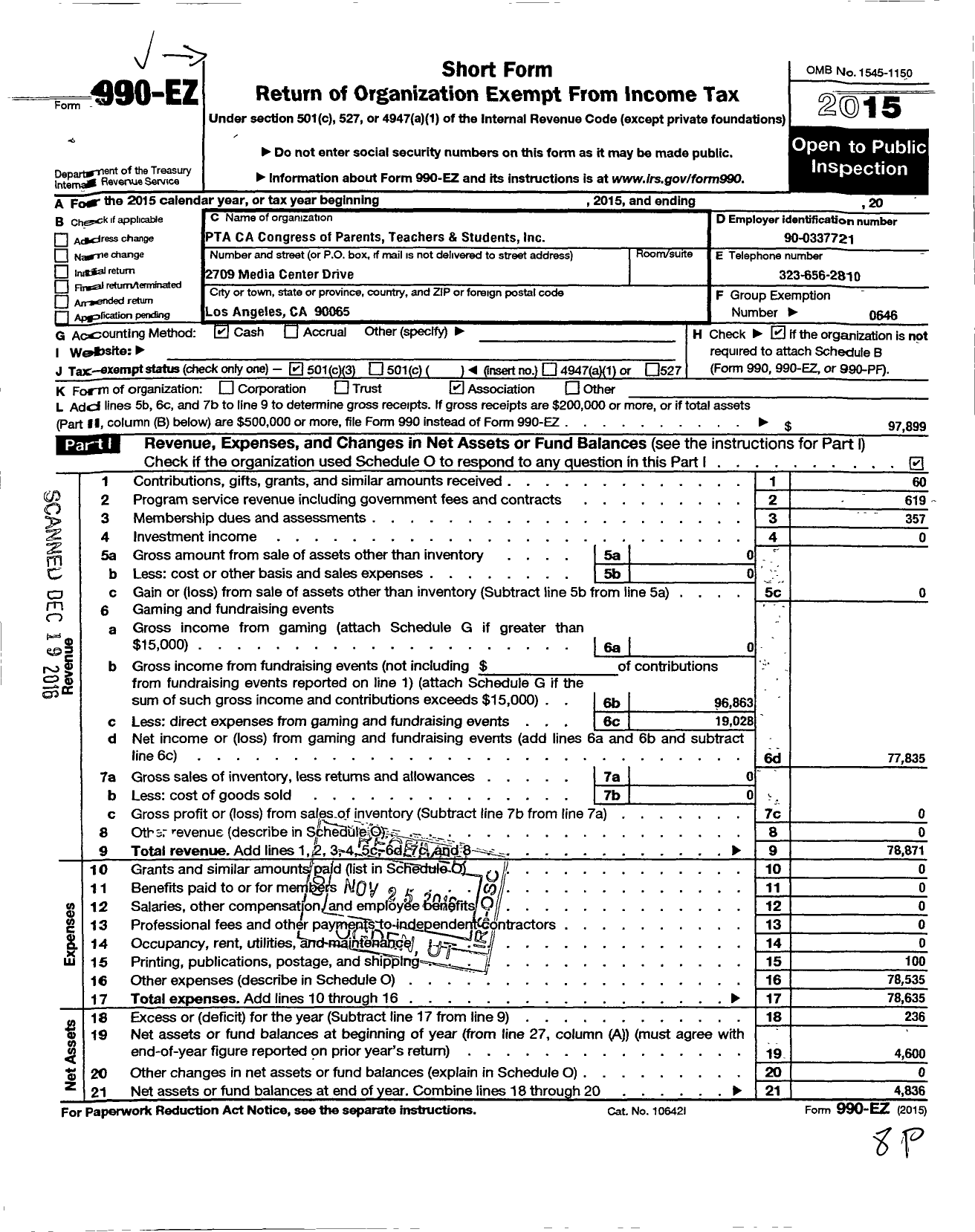 Image of first page of 2015 Form 990EZ for CALIFORNIA State PTA - CALIFORNIA Creative Learning Academ
