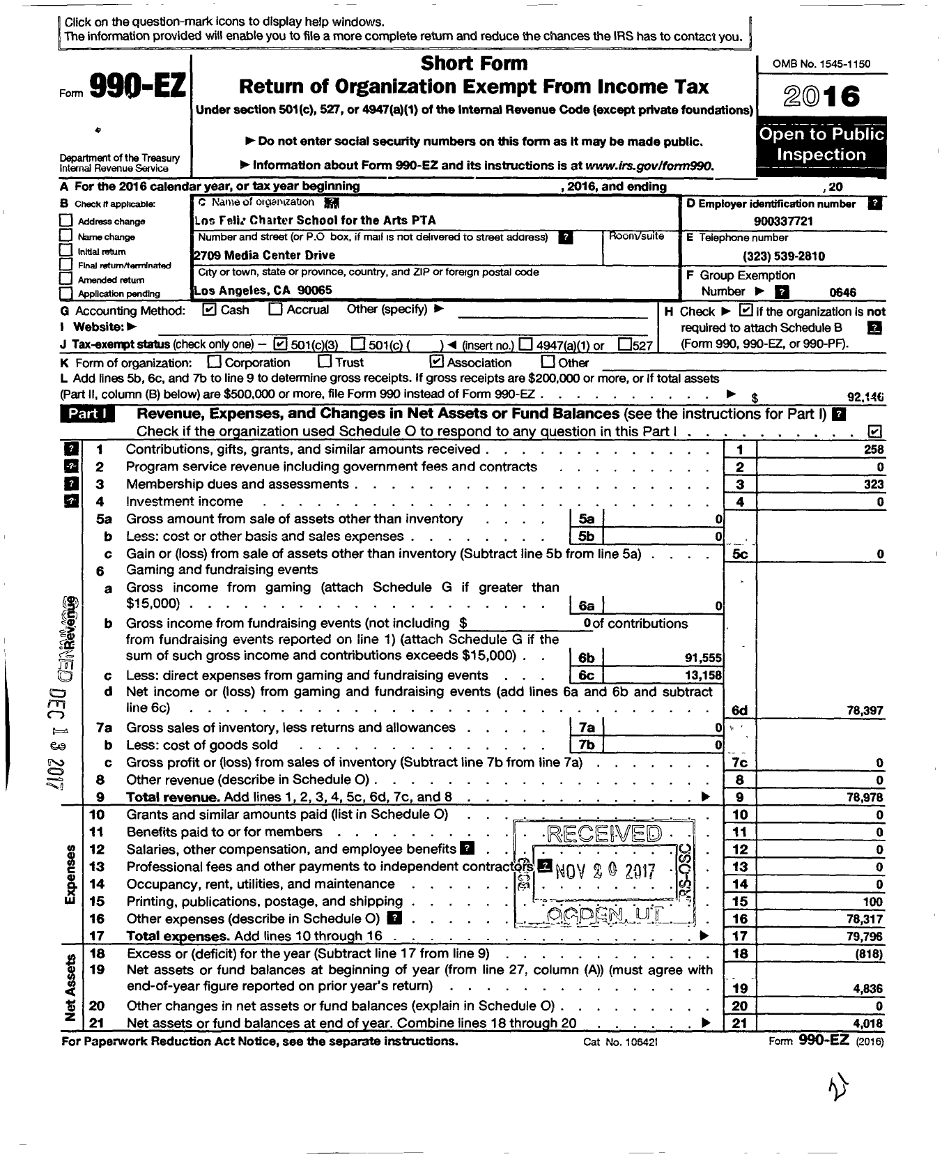 Image of first page of 2016 Form 990EZ for CALIFORNIA State PTA - CALIFORNIA Creative Learning Academ