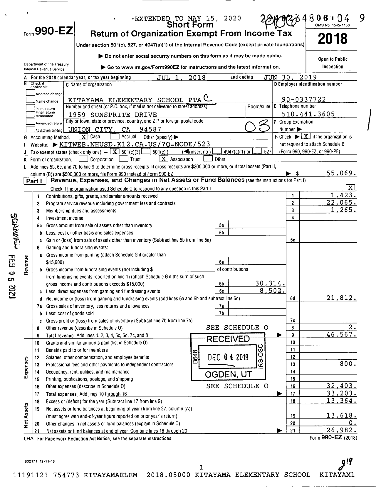 Image of first page of 2018 Form 990EZ for California State PTA - Kitayama Elemnetary PTA