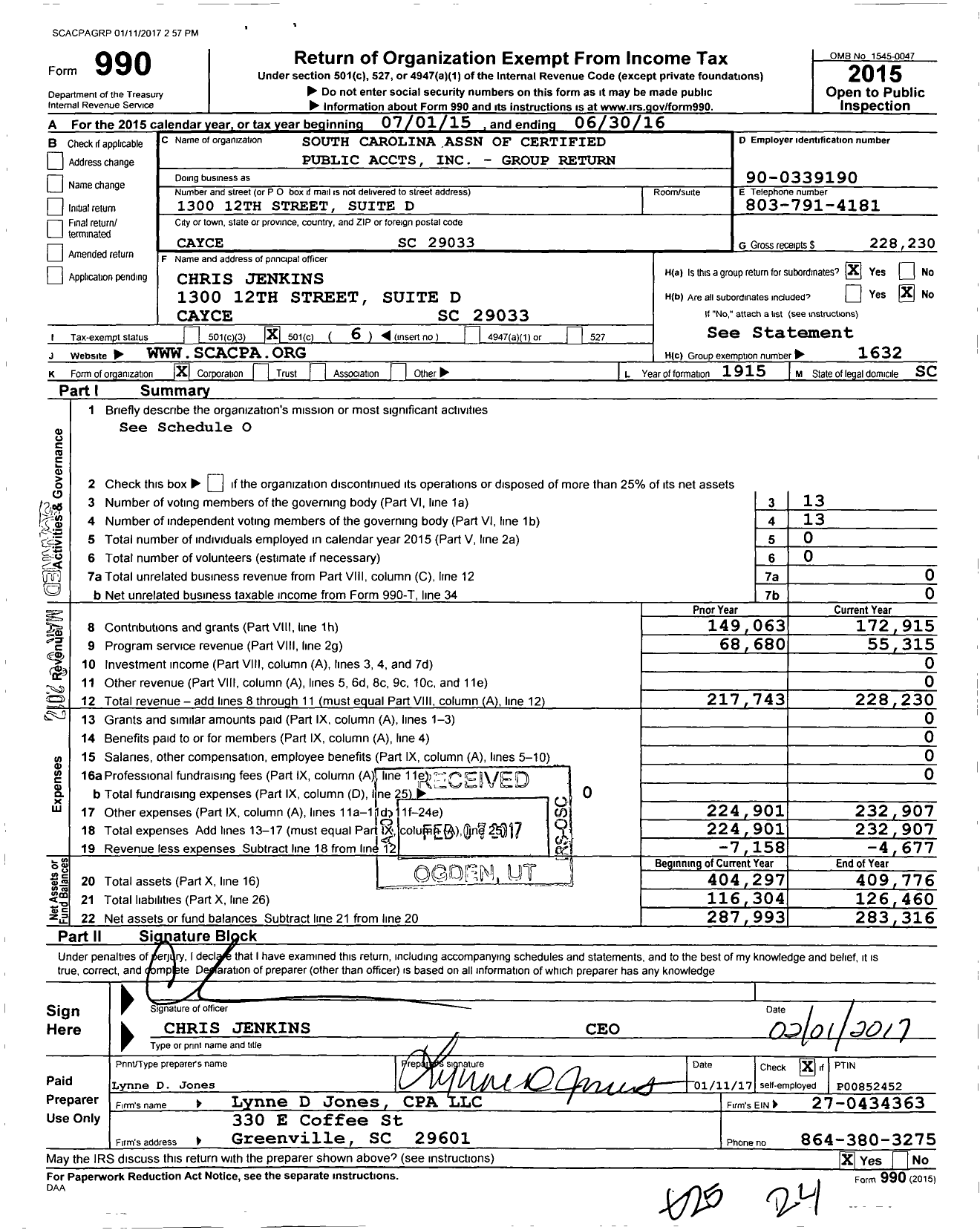 Image of first page of 2015 Form 990O for South Carolina Association of Certified Public Accountants - Group Return