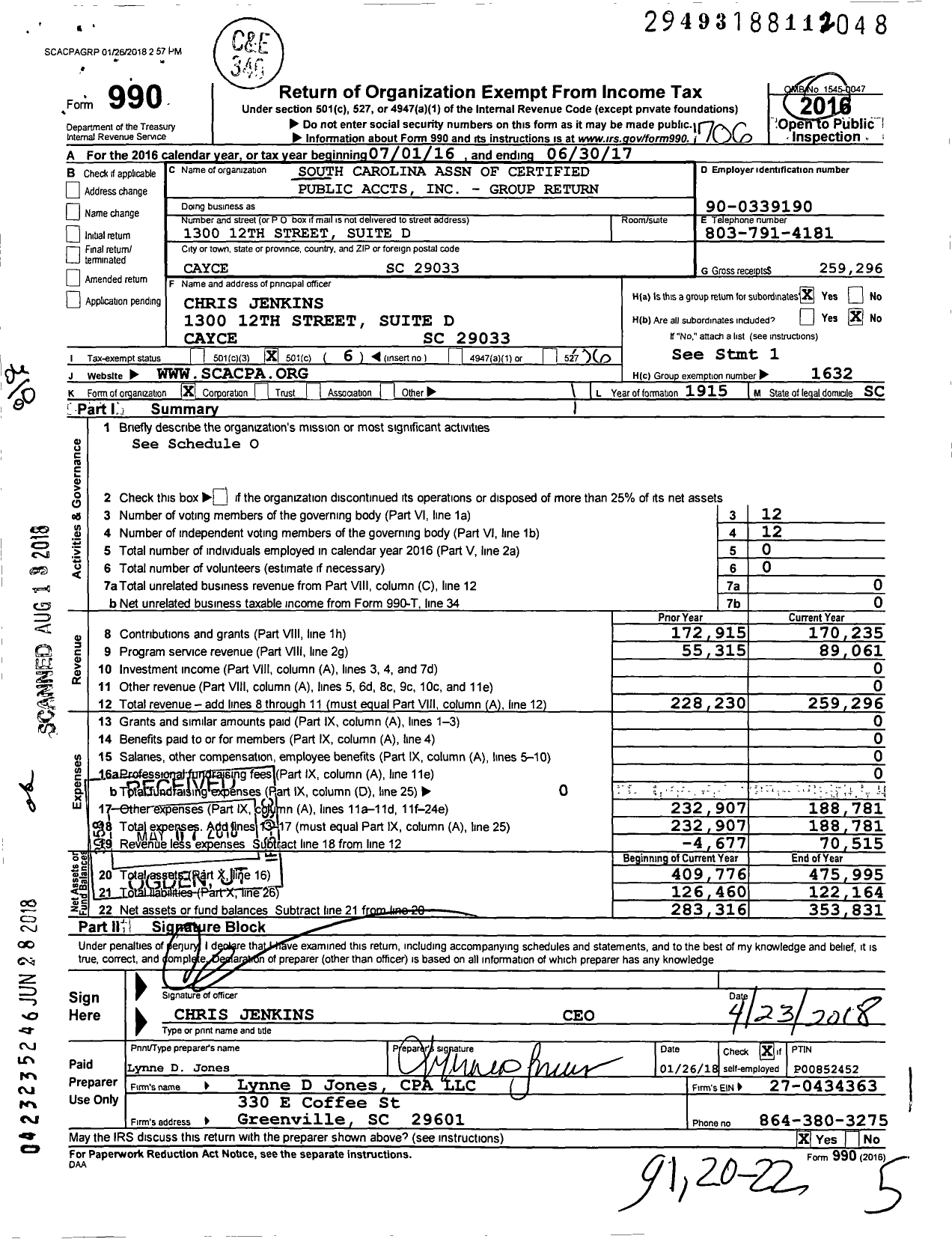 Image of first page of 2016 Form 990O for South Carolina Association of Certified Public Accountants - Group Return