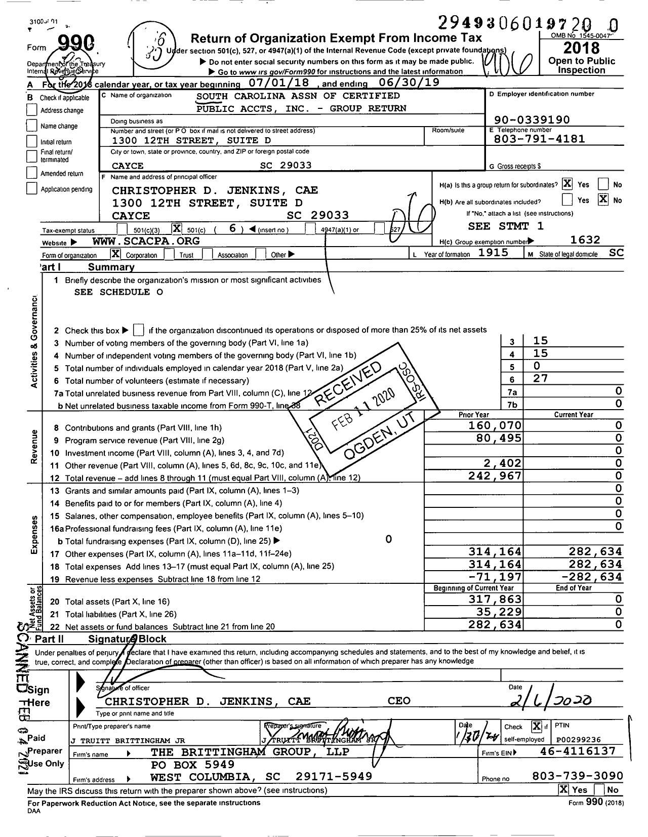 Image of first page of 2018 Form 990O for South Carolina Association of Certified Public Accountants - Group Return