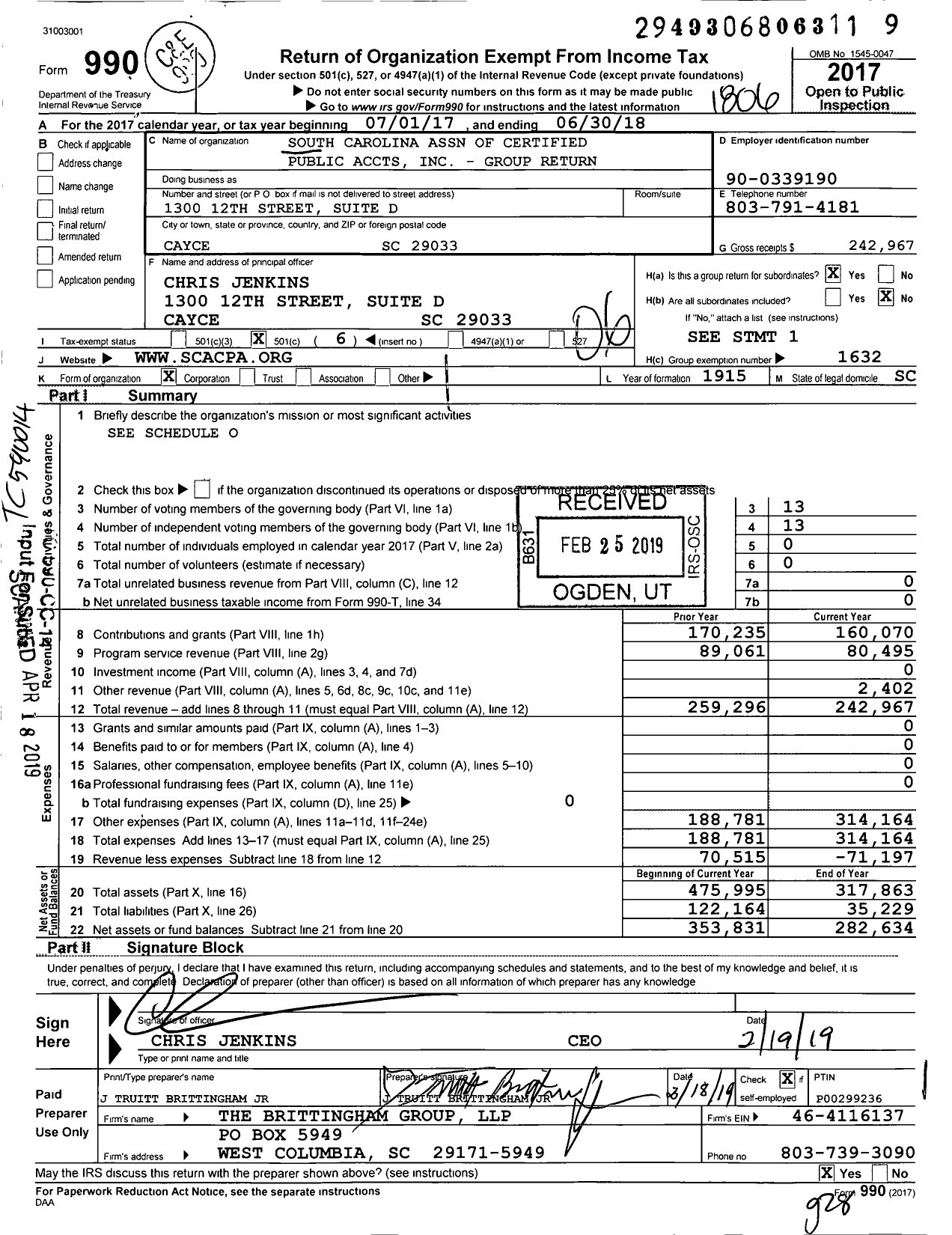 Image of first page of 2017 Form 990O for South Carolina Association of Certified Public Accountants - Group Return