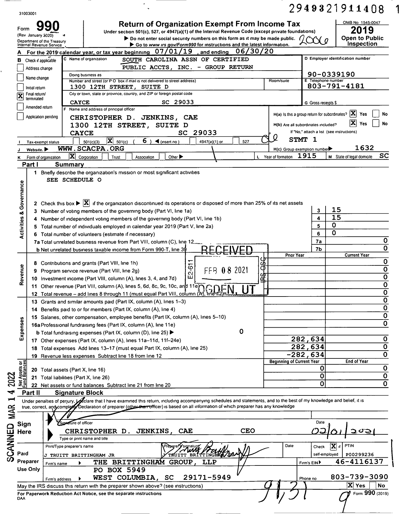 Image of first page of 2019 Form 990O for South Carolina Association of Certified Public Accountants - Group Return