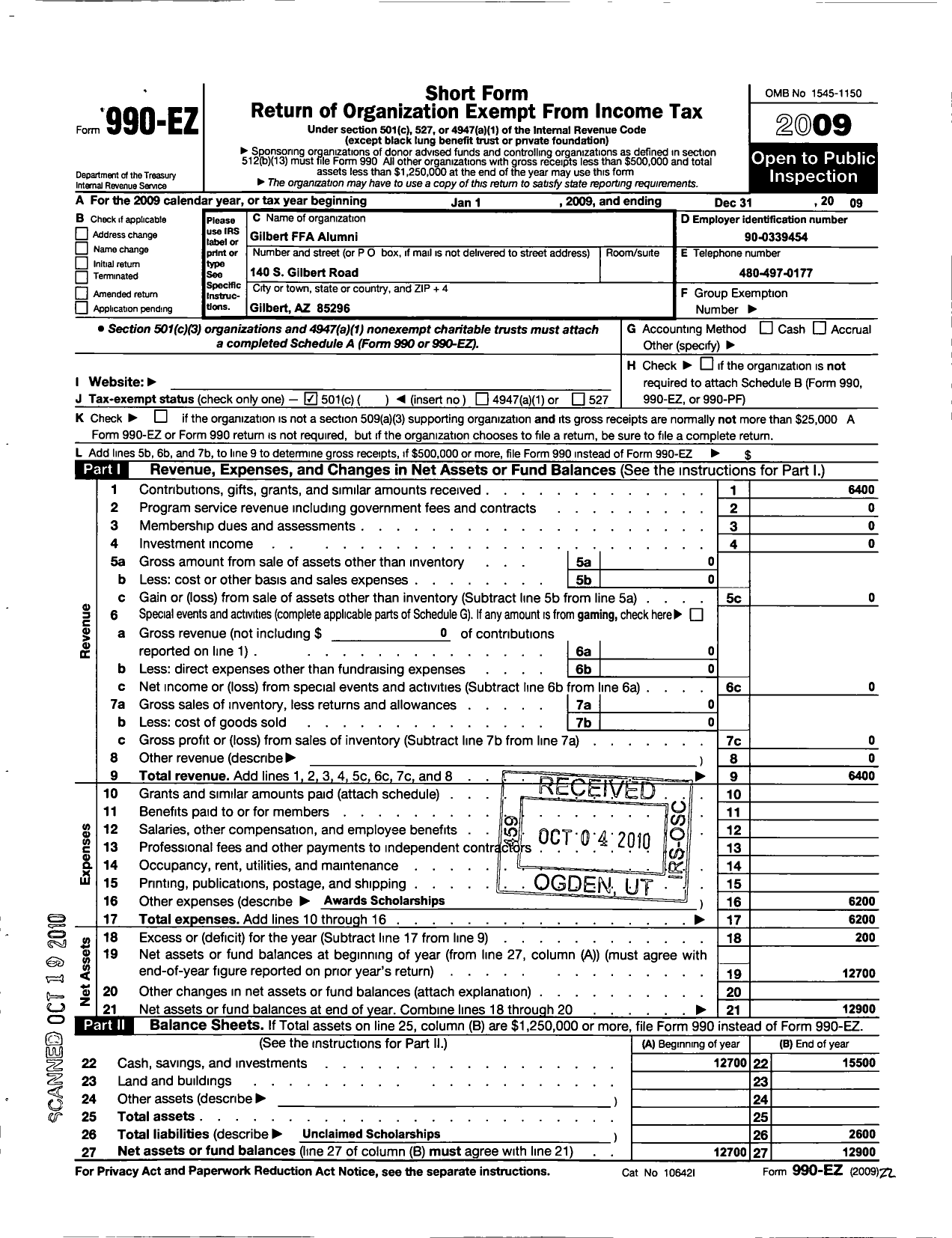 Image of first page of 2009 Form 990EO for Gilbert Ffa Alumni