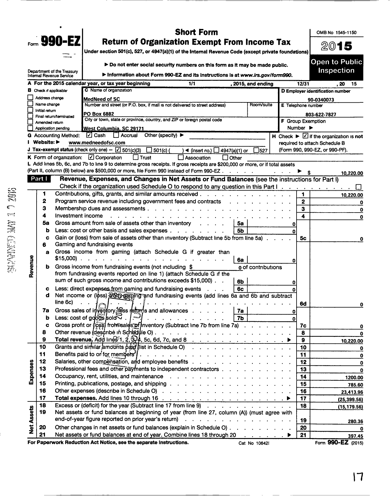 Image of first page of 2015 Form 990EZ for MedNeed of SC