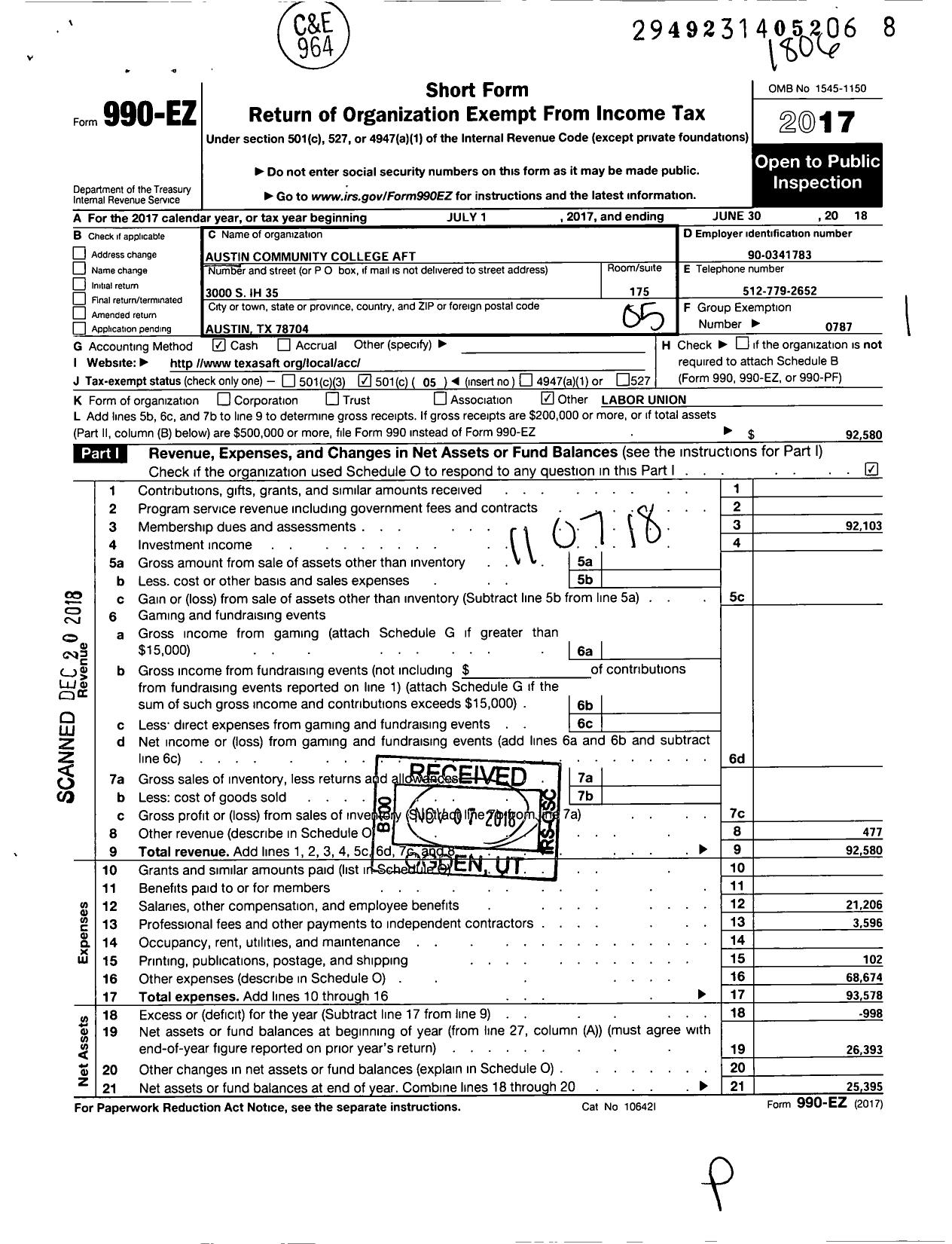 Image of first page of 2017 Form 990EO for American Federation of Teachers - 6249 Austin Community College Aft