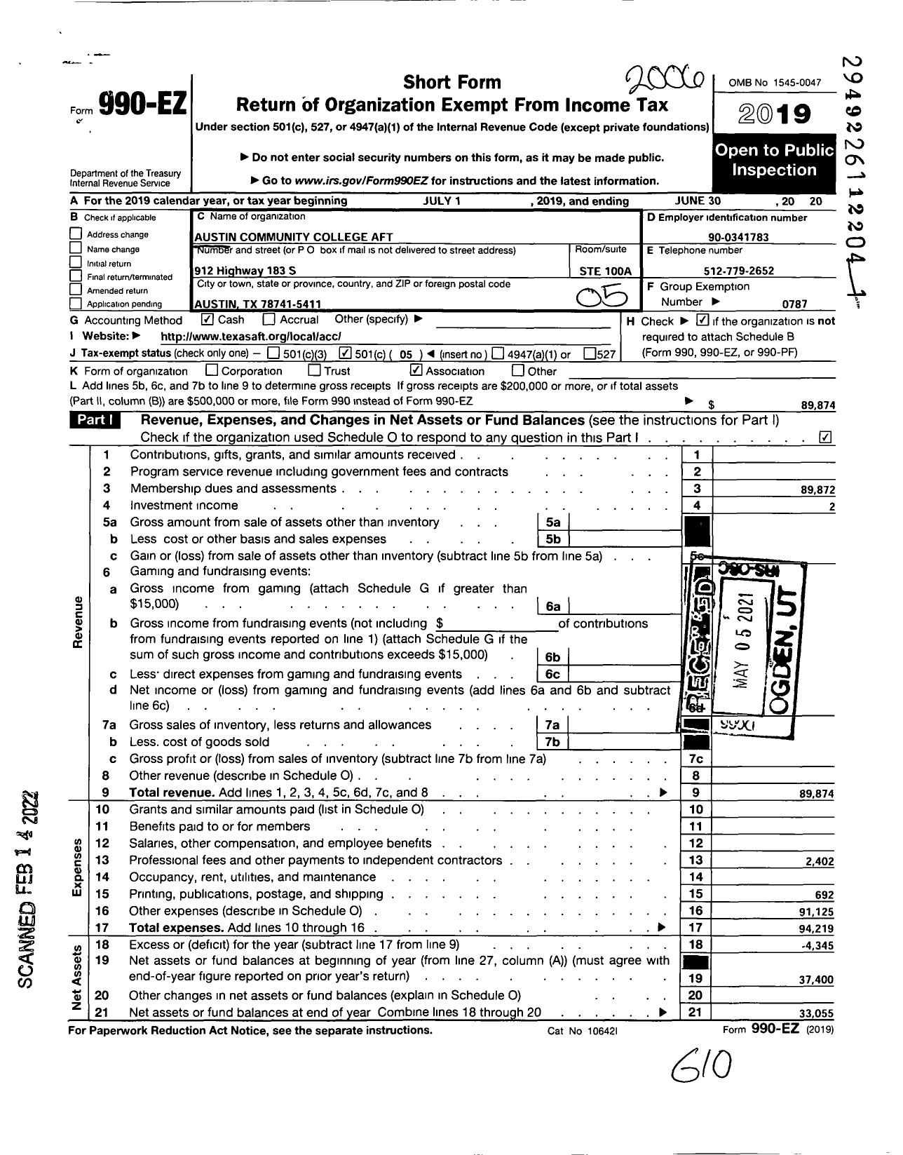Image of first page of 2019 Form 990EO for American Federation of Teachers - 6249 Austin Community College Aft