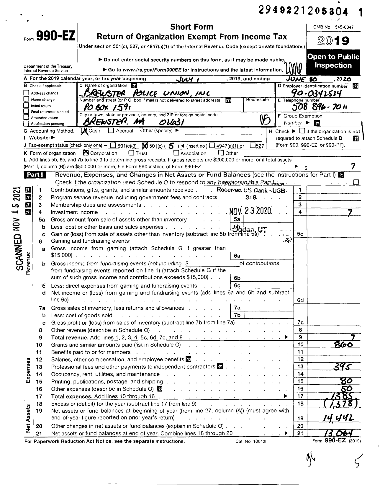 Image of first page of 2019 Form 990EO for Brewster Police Union