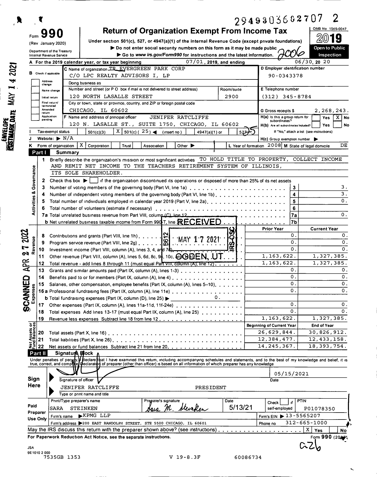 Image of first page of 2019 Form 990O for TR Evergreen Park Corporation