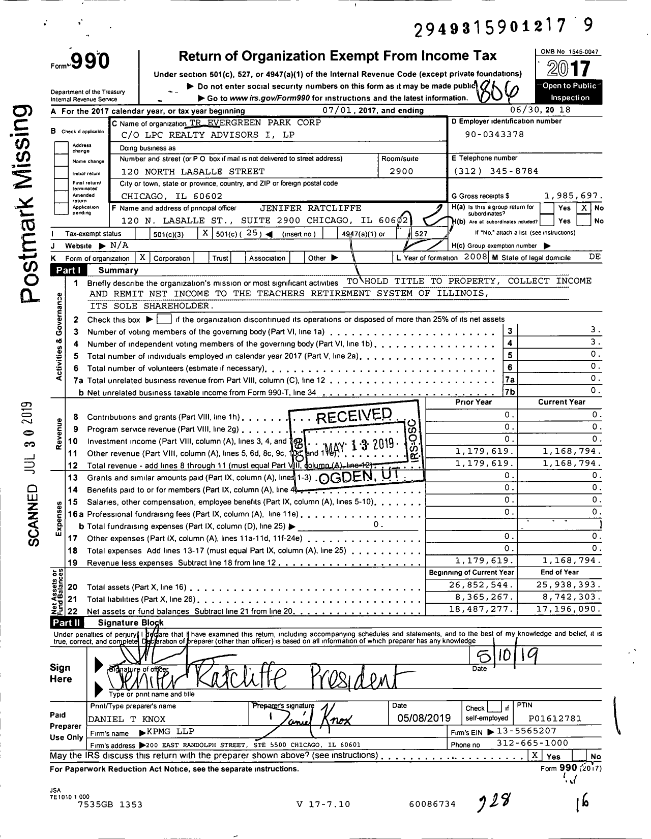 Image of first page of 2017 Form 990O for TR Evergreen Park Corporation