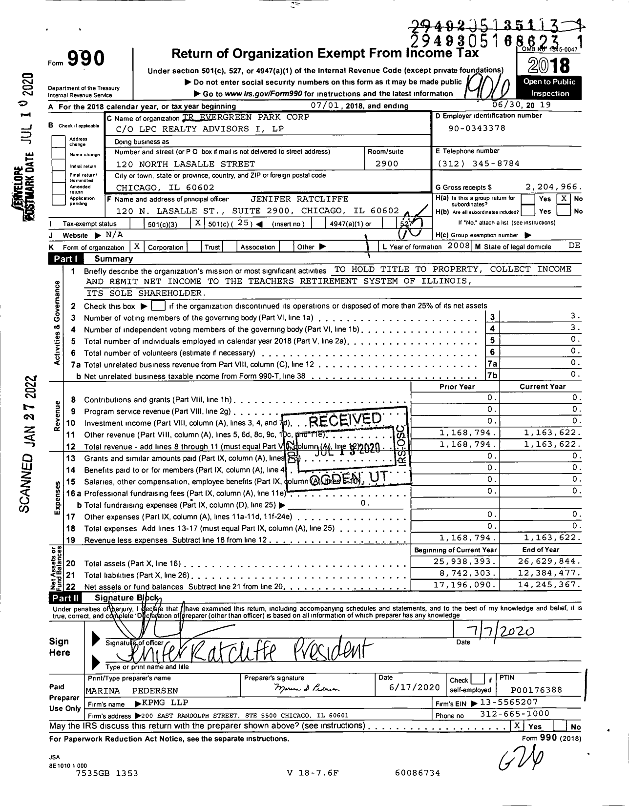 Image of first page of 2018 Form 990O for TR Evergreen Park Corporation