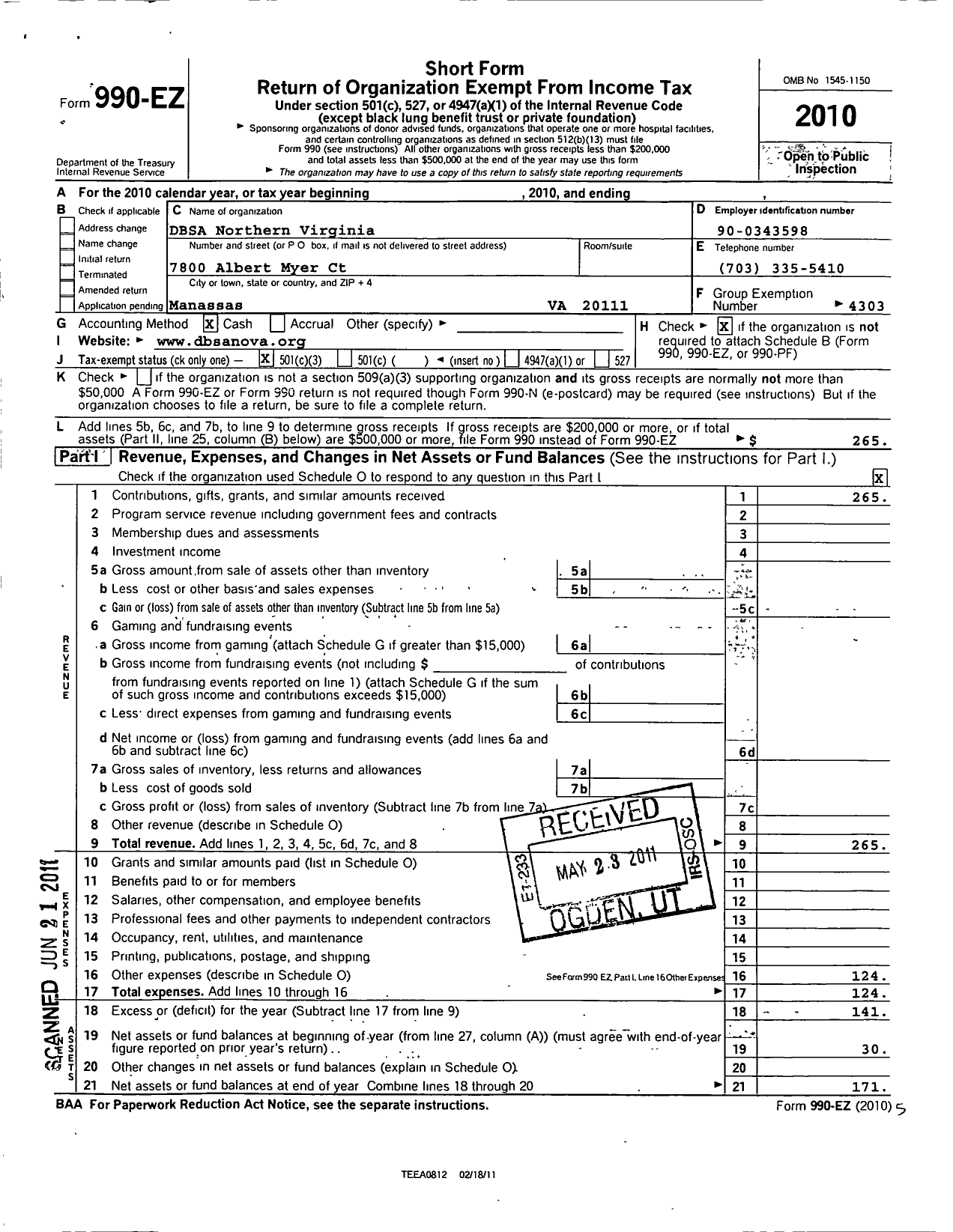 Image of first page of 2010 Form 990EZ for Depression and Bipolar Support Alliance / Dbsa Northern Virginia