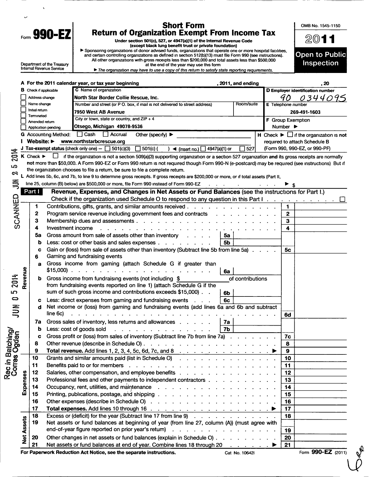 Image of first page of 2011 Form 990EO for North Star Border Collie Rescue