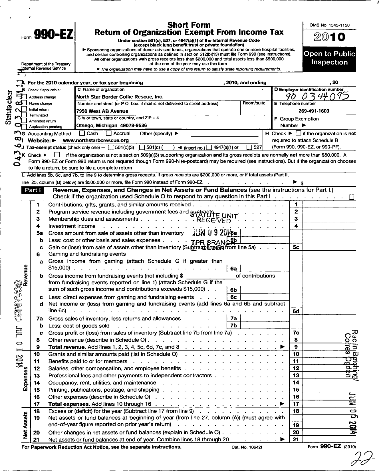 Image of first page of 2010 Form 990EO for North Star Border Collie Rescue