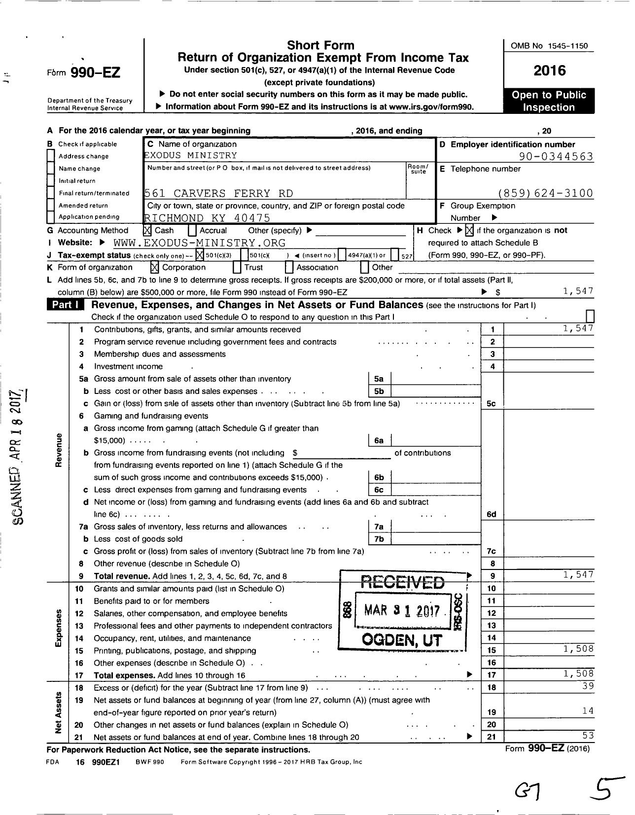 Image of first page of 2016 Form 990EZ for Exodus