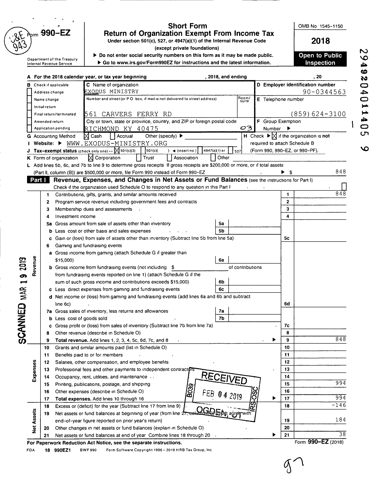 Image of first page of 2018 Form 990EZ for Exodus