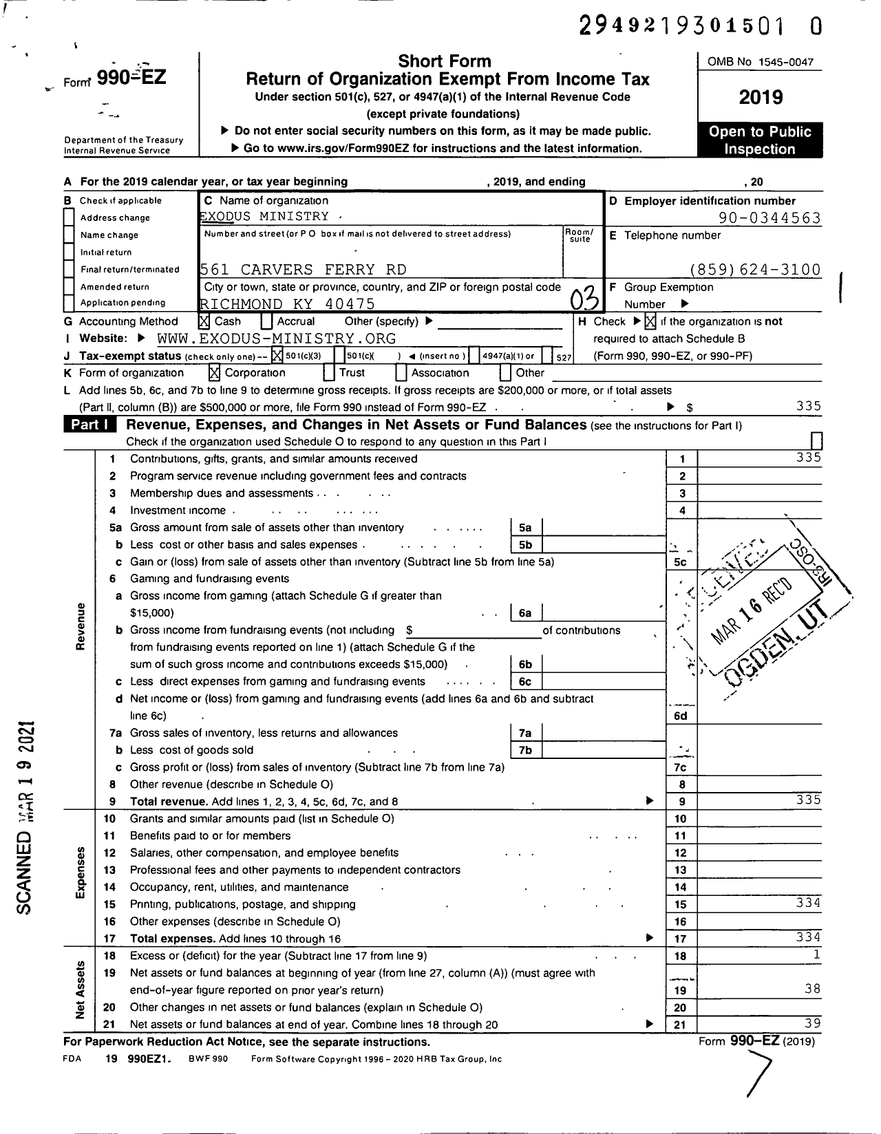 Image of first page of 2019 Form 990EZ for Exodus