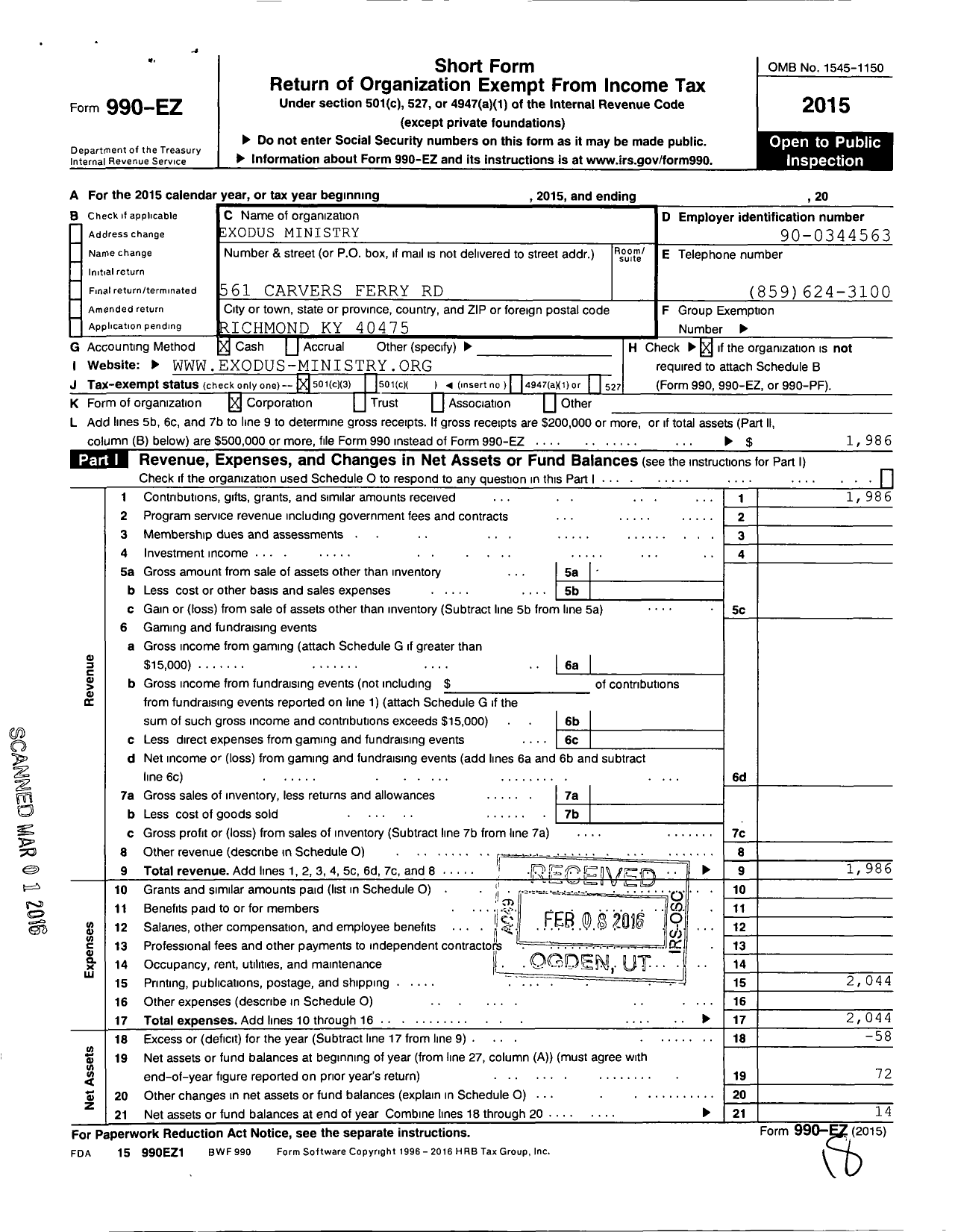 Image of first page of 2015 Form 990EZ for Exodus