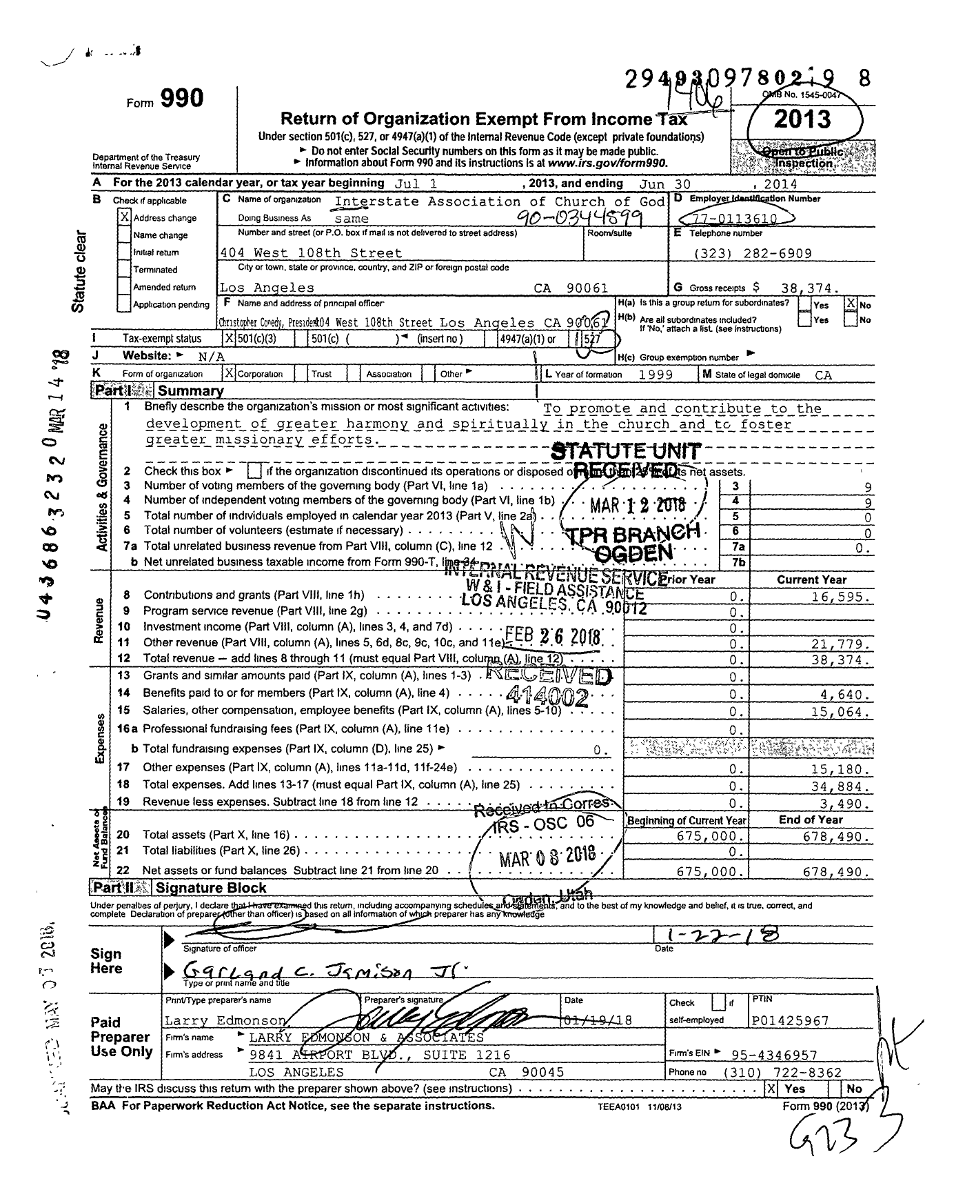 Image of first page of 2013 Form 990 for Interstate Association of the Church of God