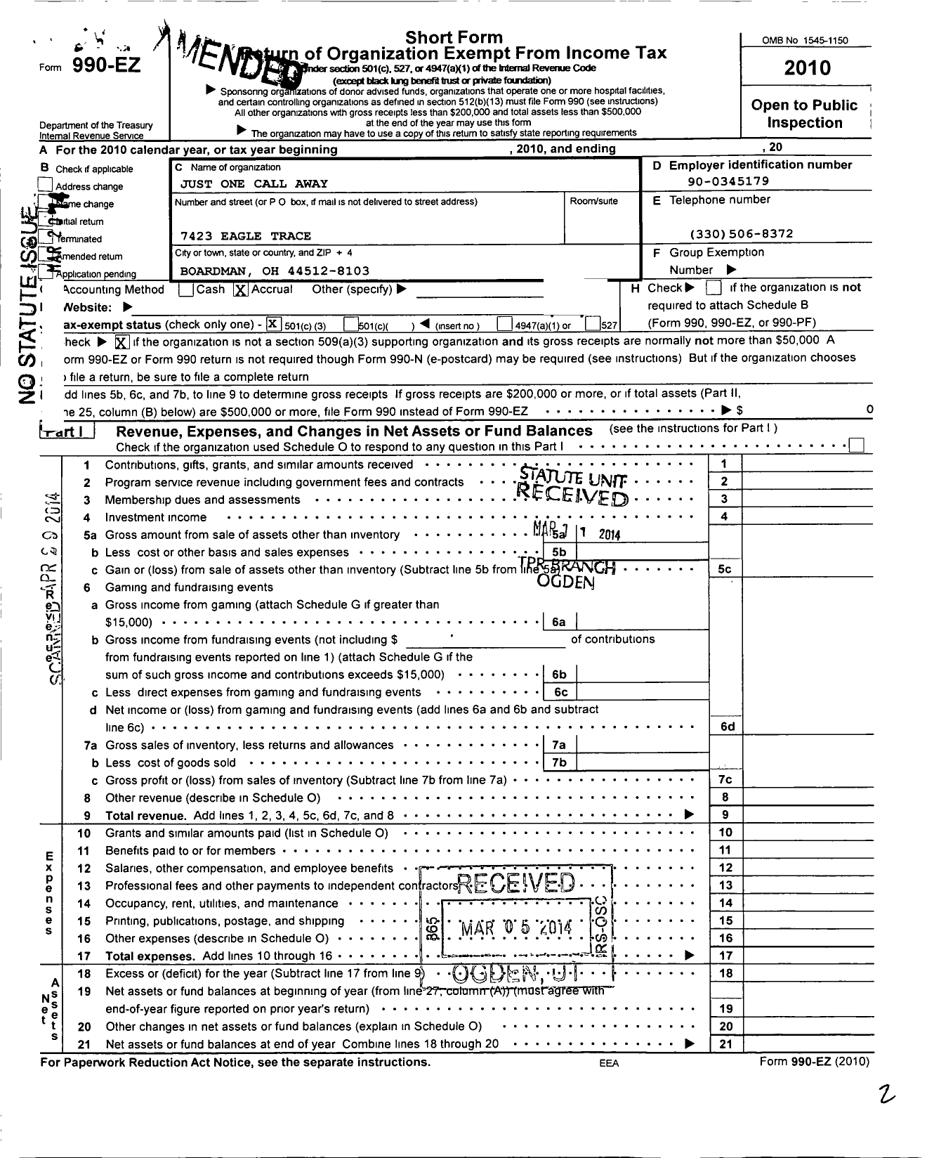 Image of first page of 2010 Form 990EZ for Just One Call Away