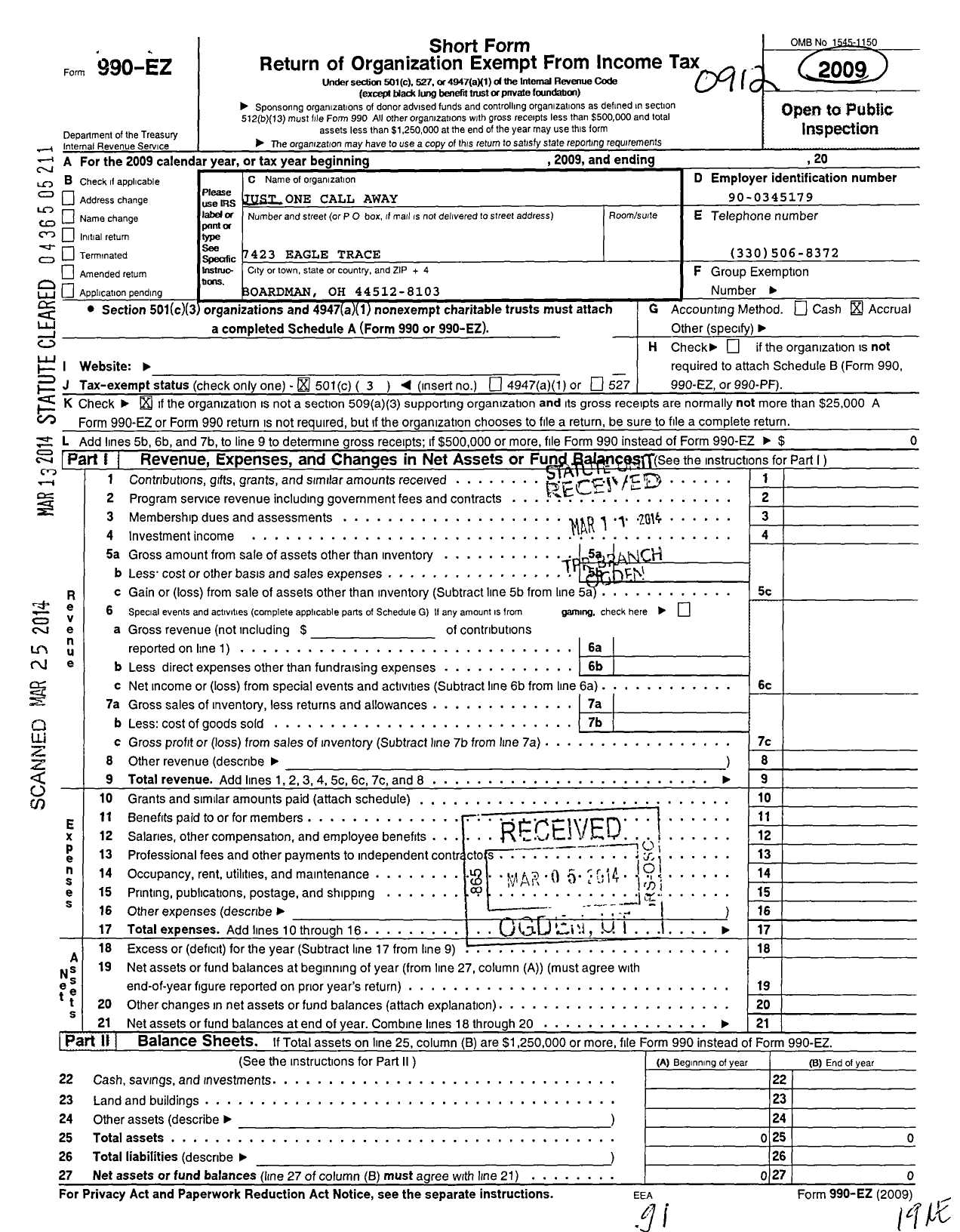 Image of first page of 2009 Form 990EZ for Just One Call Away