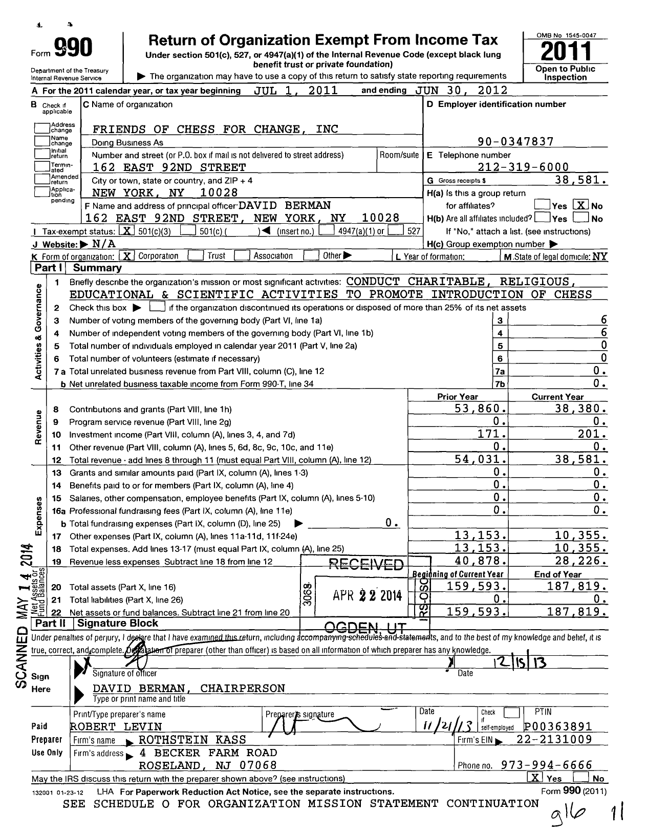 Image of first page of 2011 Form 990 for Friends of Chess for Change