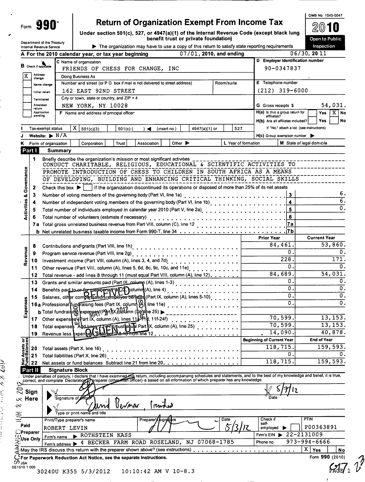 Image of first page of 2010 Form 990 for Friends of Chess for Change