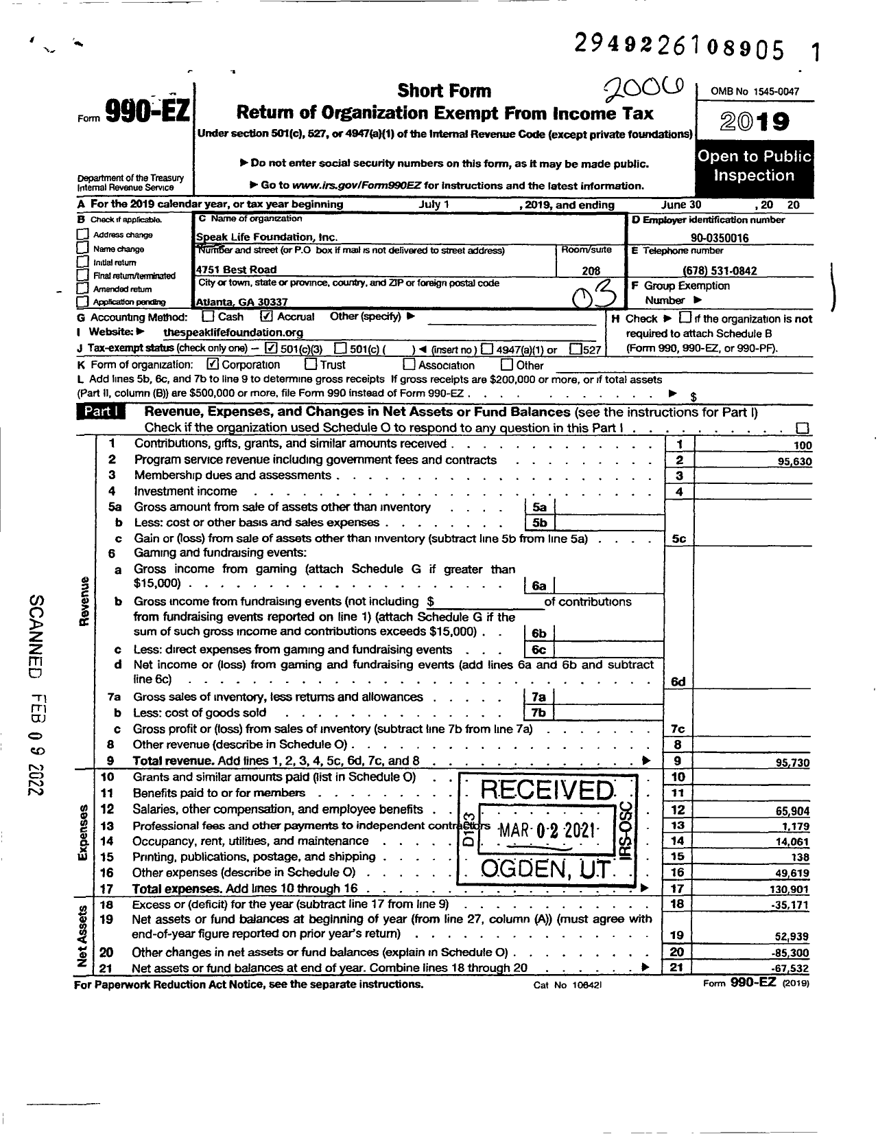 Image of first page of 2019 Form 990EZ for The Speak Life Foundation