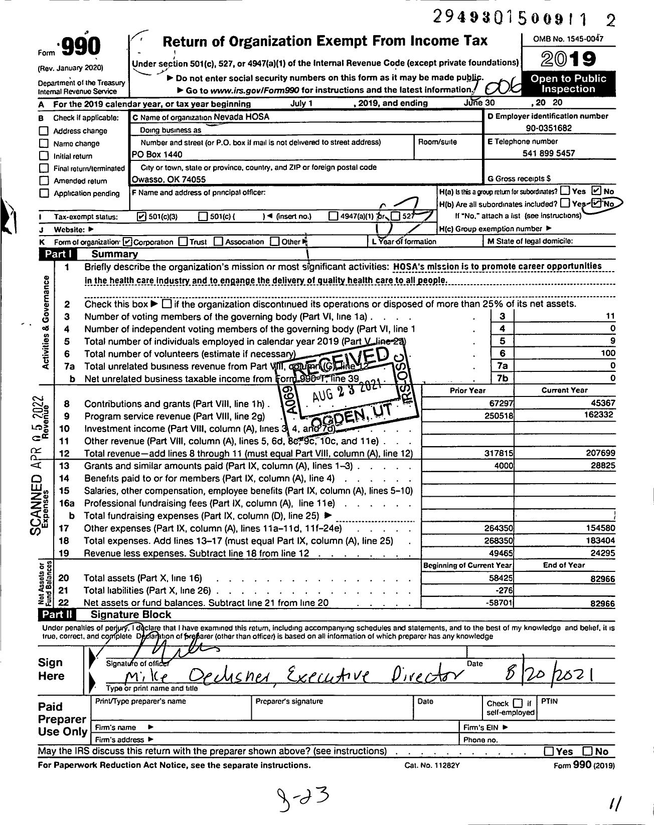 Image of first page of 2019 Form 990 for Nevada Hosa