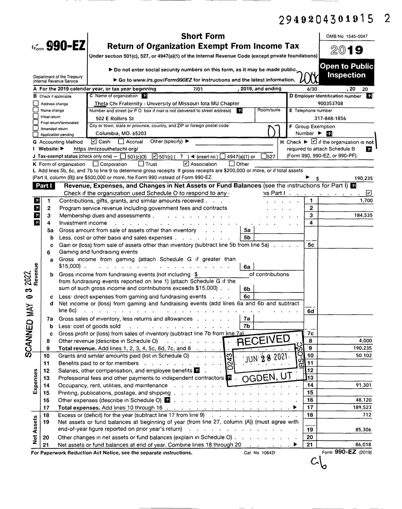 Image of first page of 2019 Form 990EO for Theta Chi Fraternity University of Missouri Iota Mu Chapter