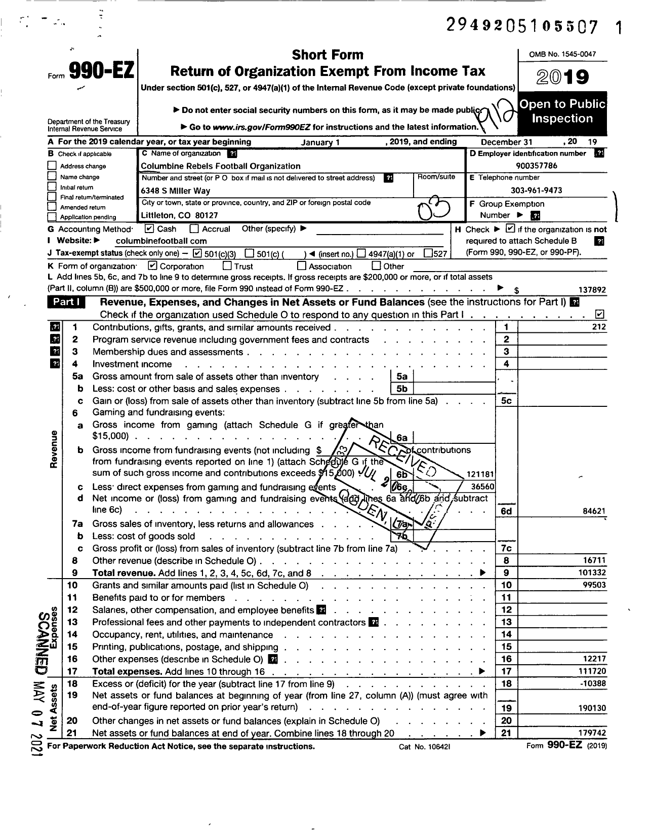 Image of first page of 2019 Form 990EZ for Columbine Rebels Football Organization