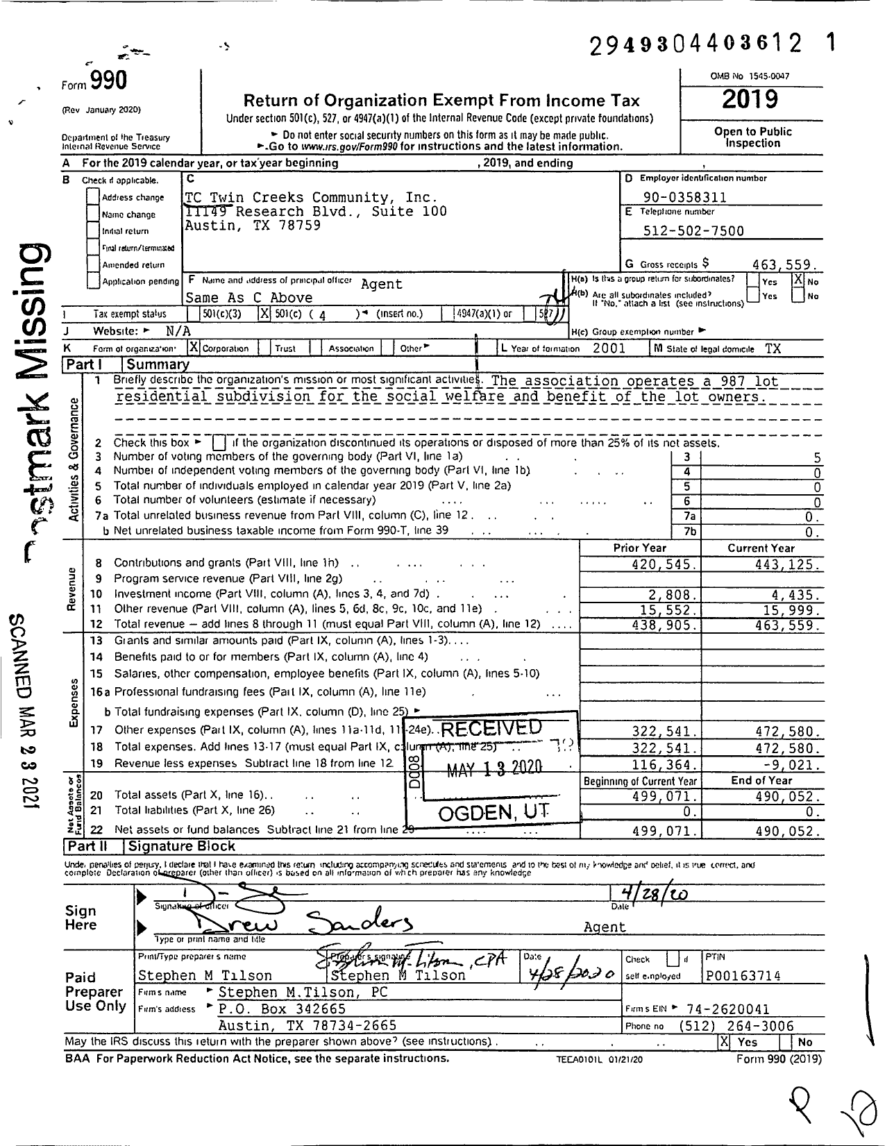 Image of first page of 2019 Form 990O for TC Twin Creeks Community