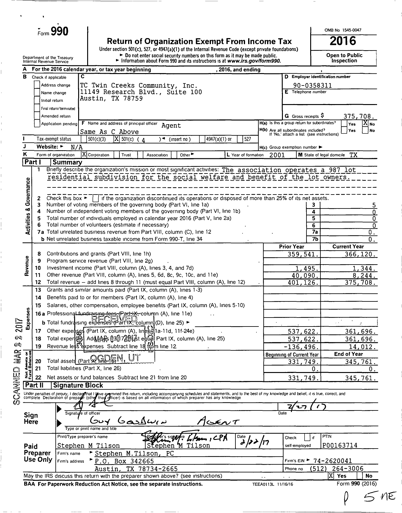 Image of first page of 2016 Form 990O for TC Twin Creeks Community