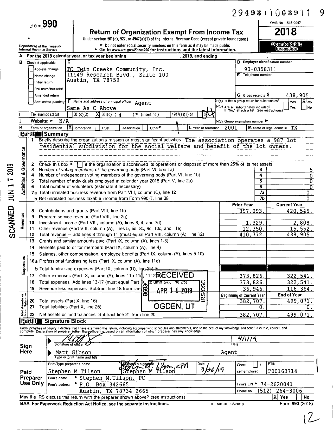 Image of first page of 2018 Form 990O for TC Twin Creeks Community