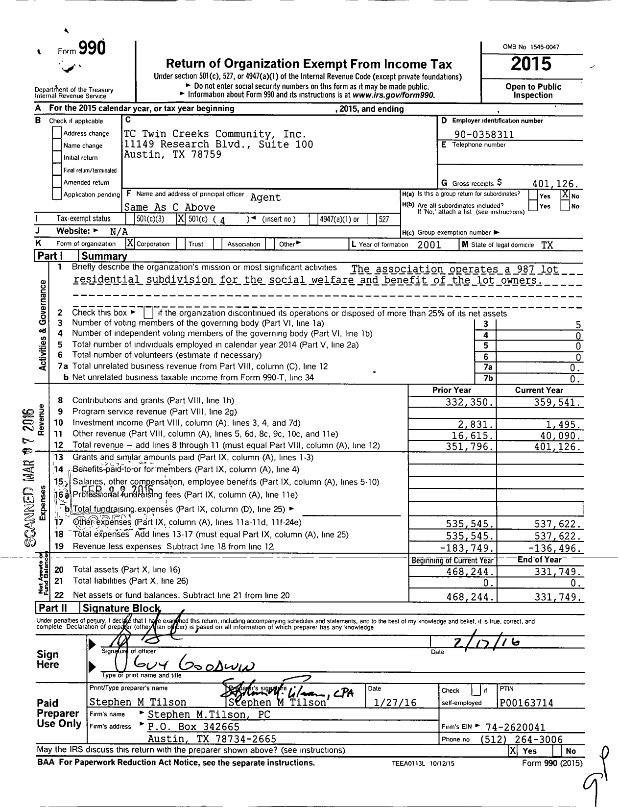 Image of first page of 2015 Form 990O for TC Twin Creeks Community