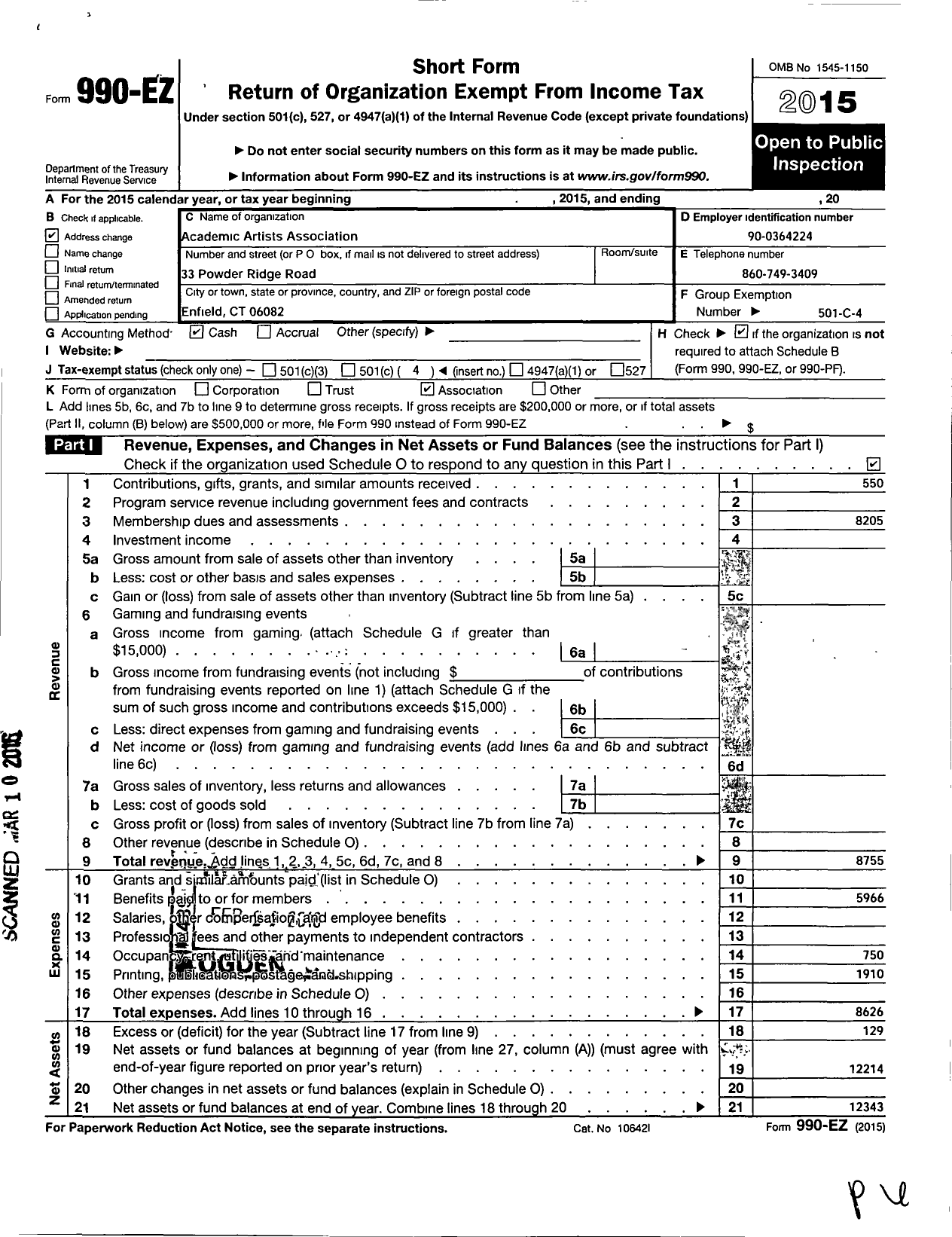 Image of first page of 2015 Form 990EO for Academic Artists Association