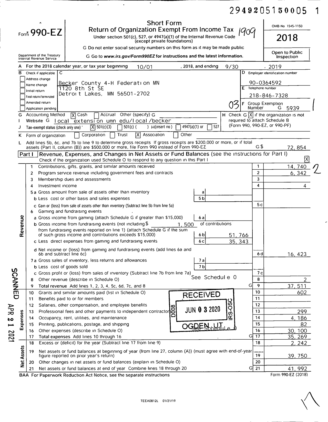 Image of first page of 2018 Form 990EZ for Becker County 4-H Federation MN