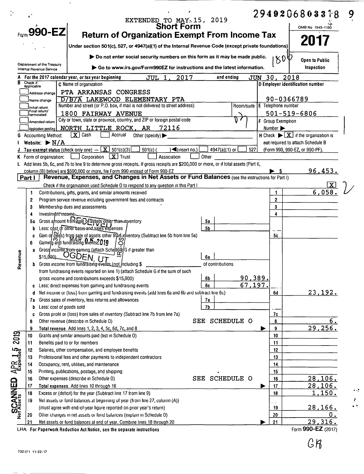 Image of first page of 2017 Form 990EZ for Lakewood Elementary PTA