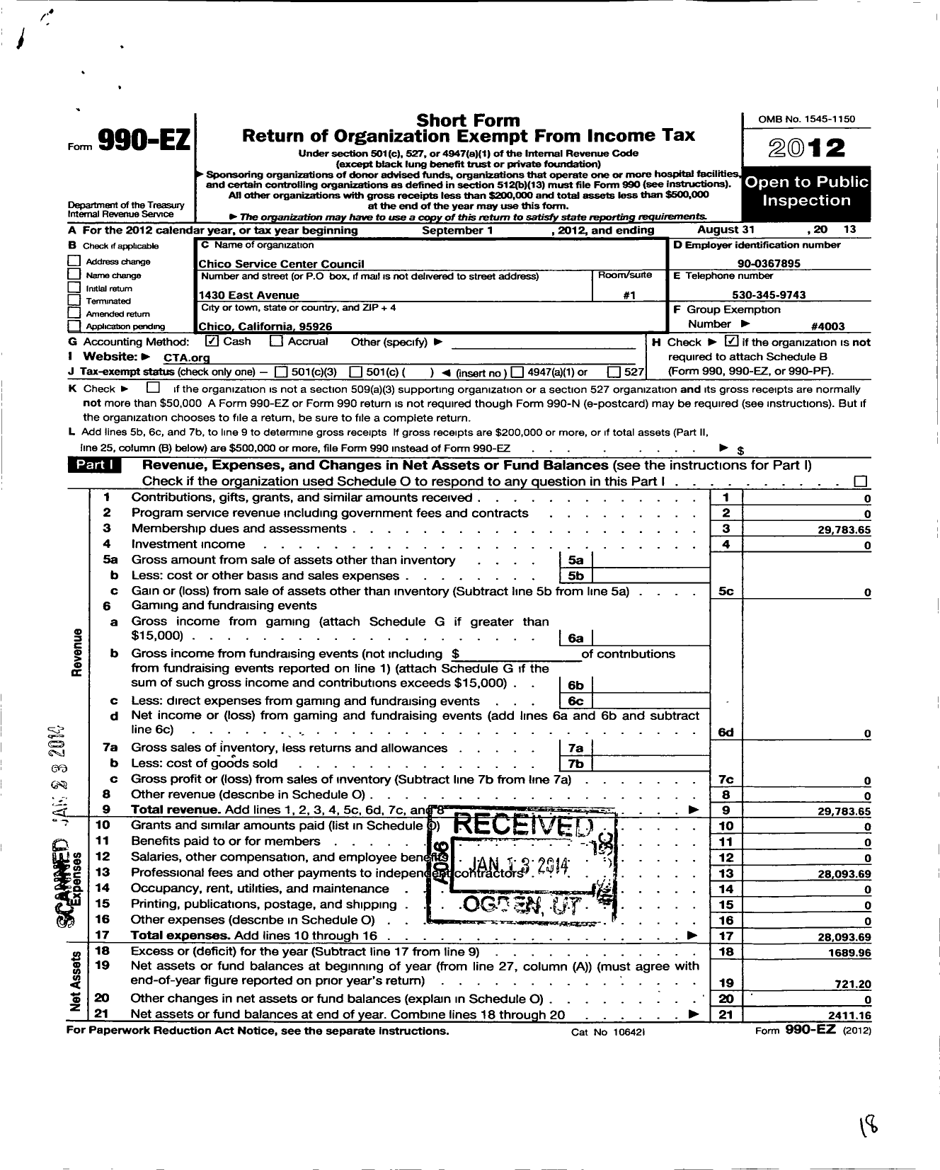 Image of first page of 2012 Form 990EO for California Teachers Association - Chico Service Center Council