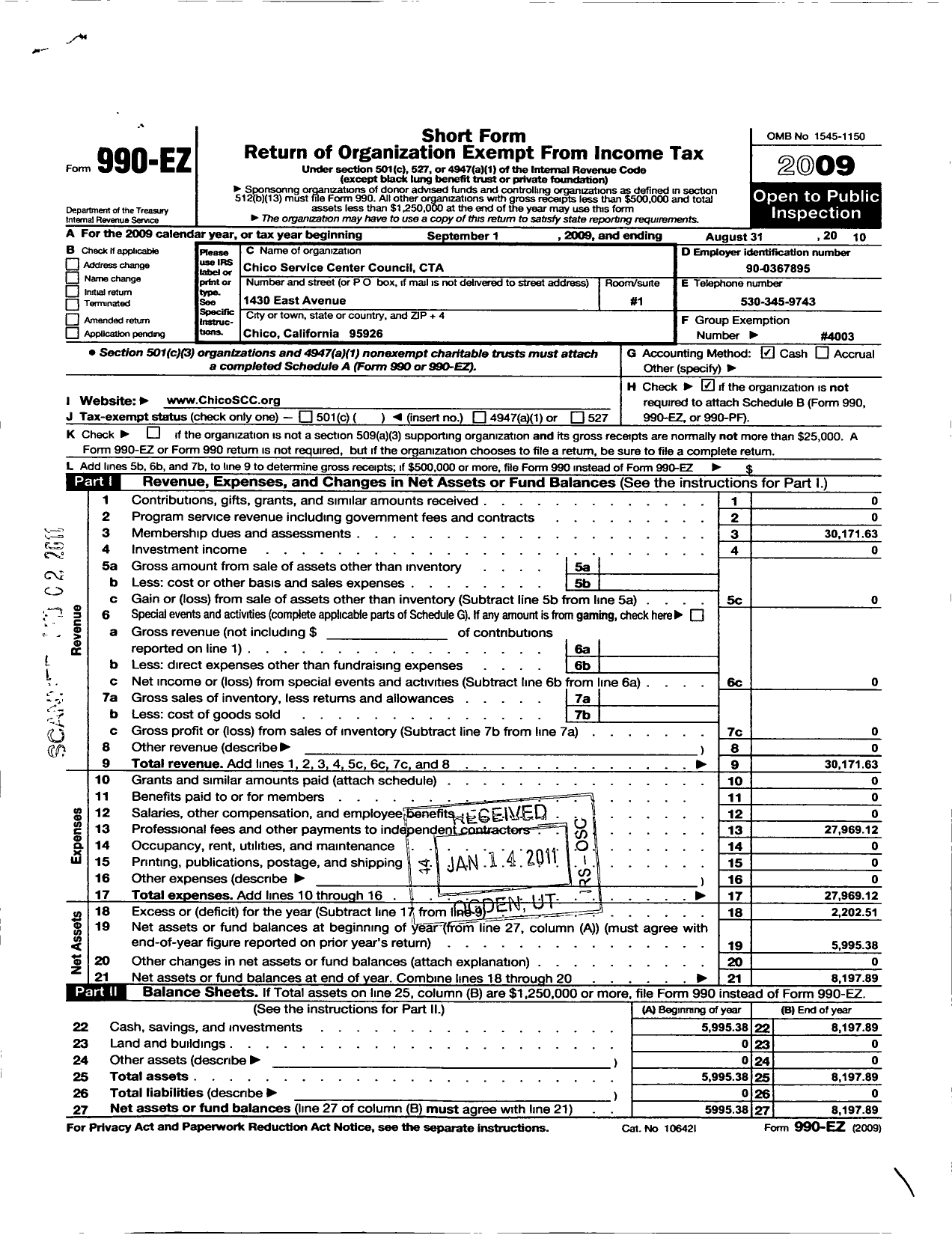 Image of first page of 2009 Form 990EO for California Teachers Association - Chico Service Center Council