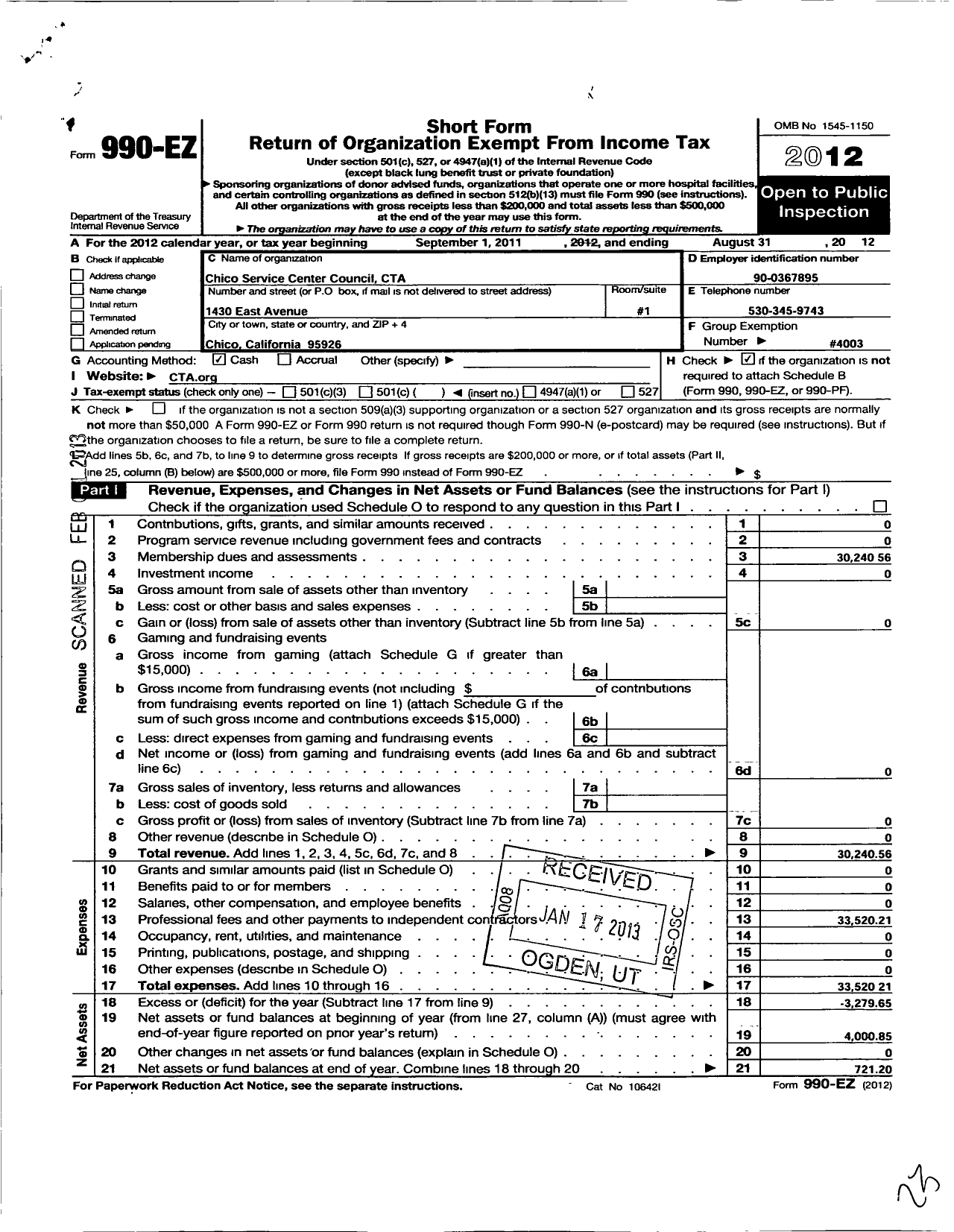 Image of first page of 2011 Form 990EO for California Teachers Association - Chico Service Center Council