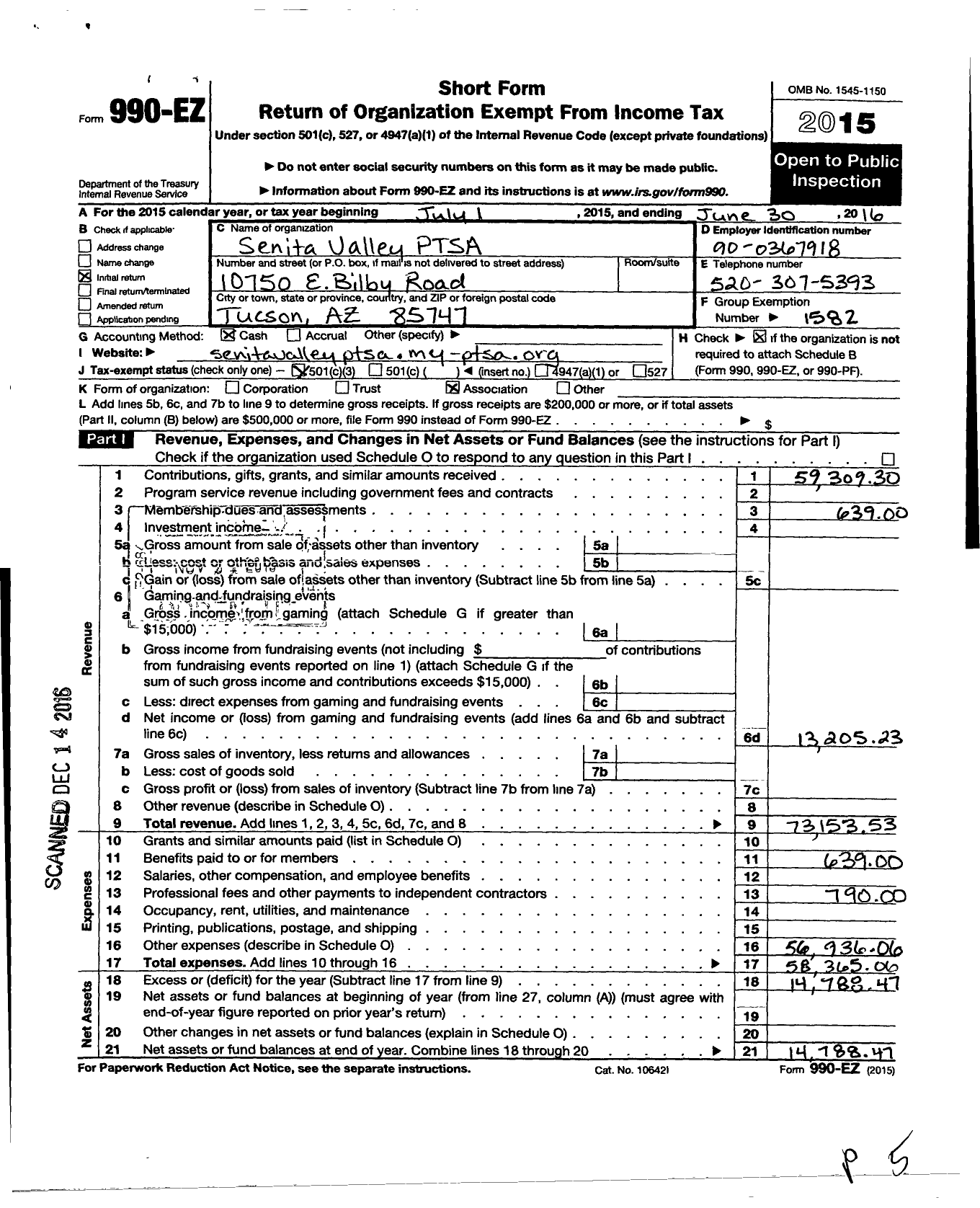 Image of first page of 2015 Form 990EZ for PTA Arizona Congress of Parents and Teachers / Senita Valley Ptsa