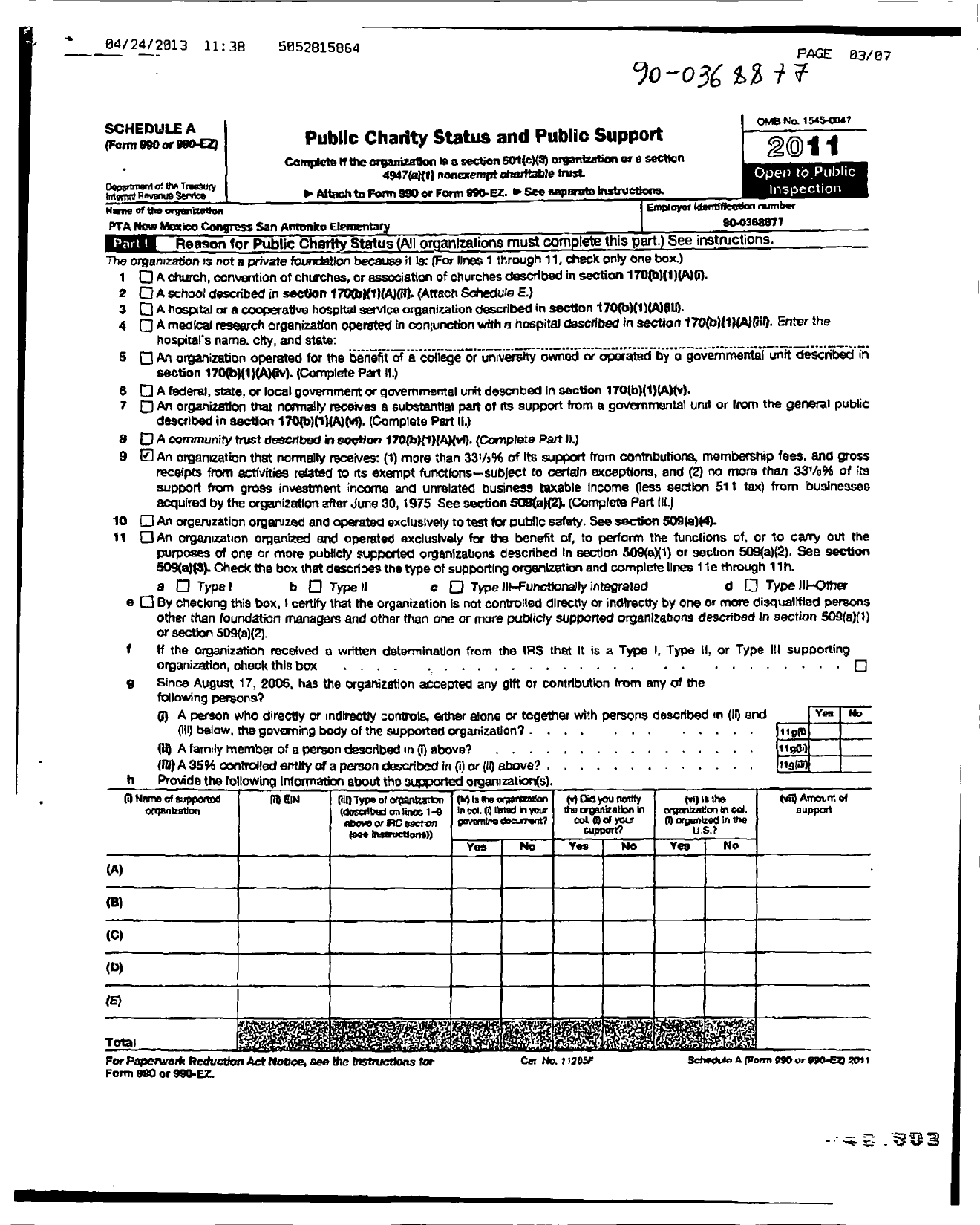 Image of first page of 2011 Form 990ER for PTA New Mexico Congress / San Antonito Elementary